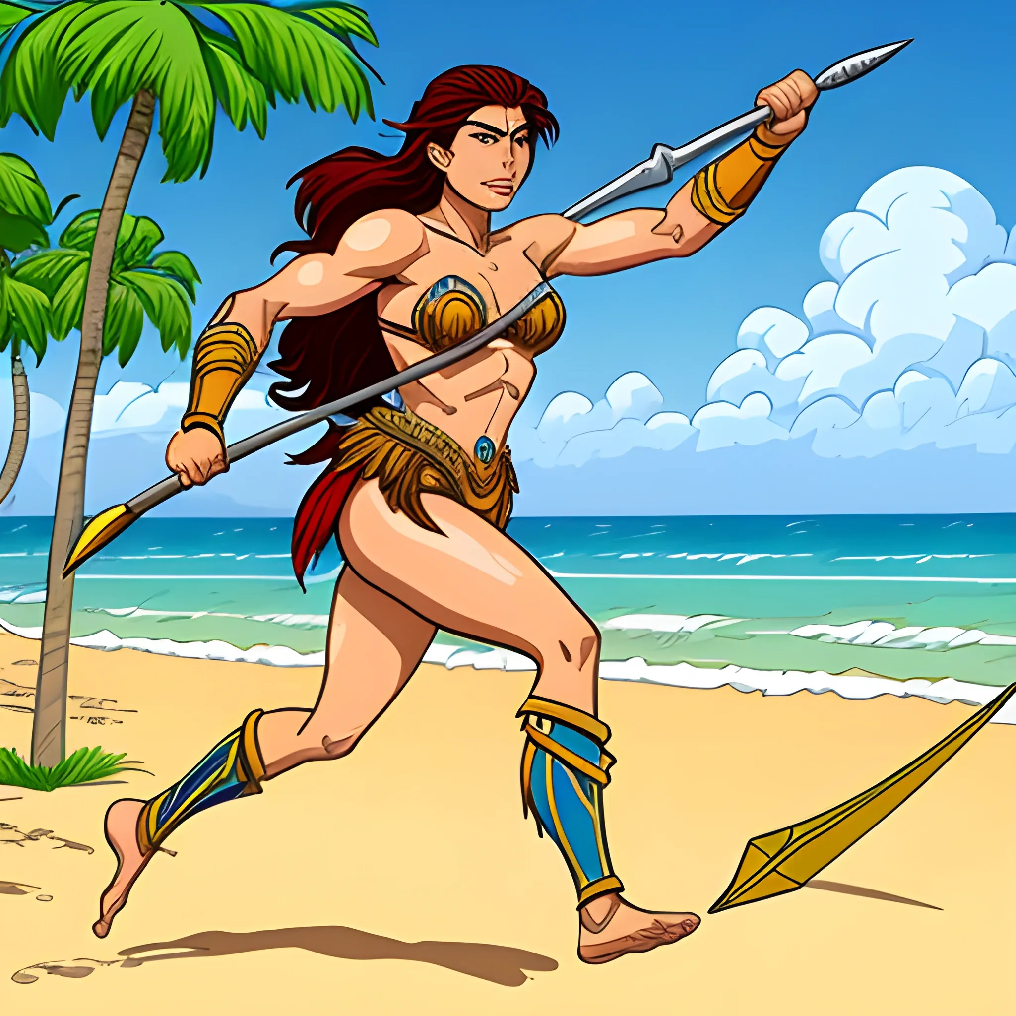 an Amazon woman warrior with shield and long lance. She jumps in a beach, Cartoon