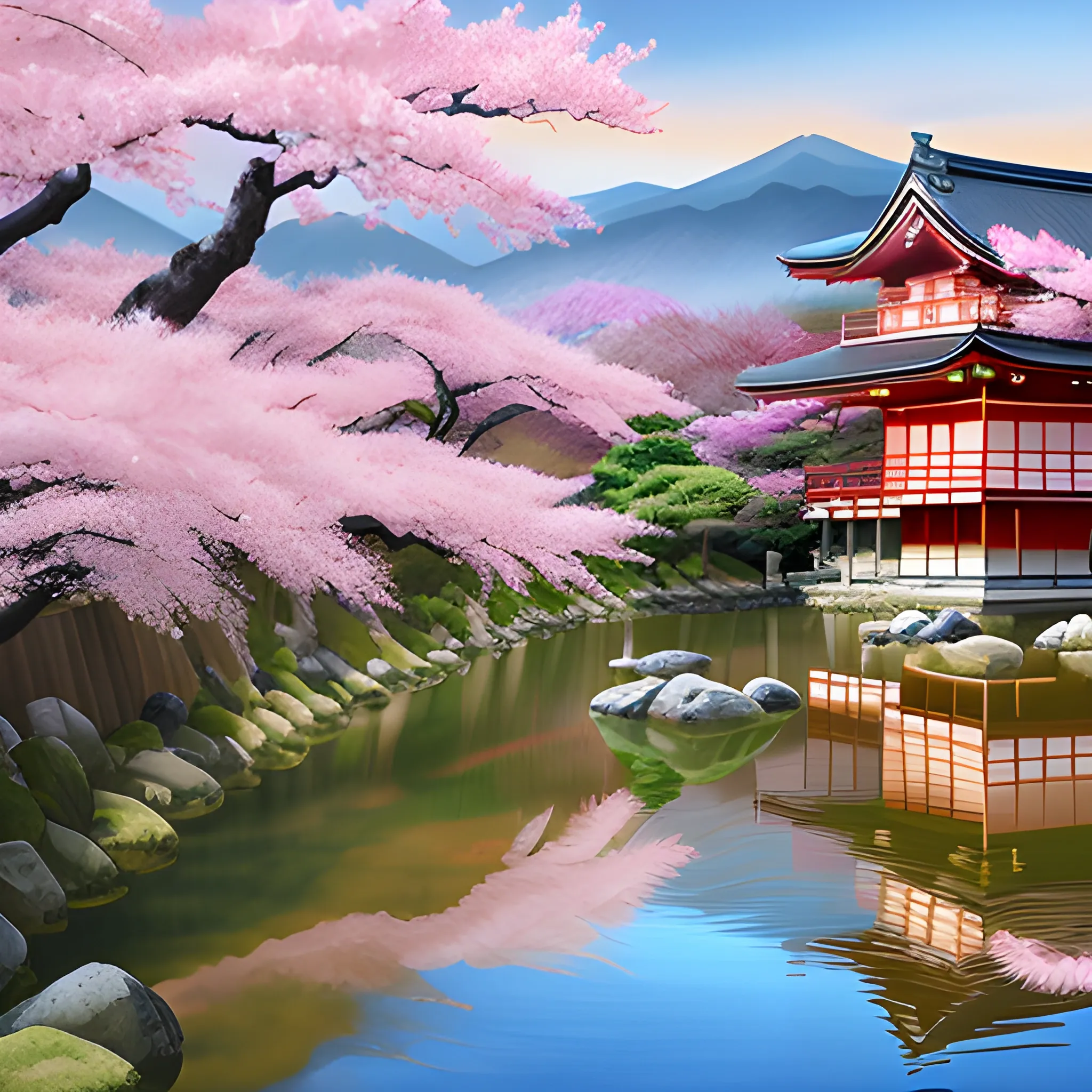 Kyoto, Japan: Craft a serene and traditional scene of cherry blossoms in full bloom by a picturesque Japanese temple, embodying the tranquility of Kyoto., Oil Painting