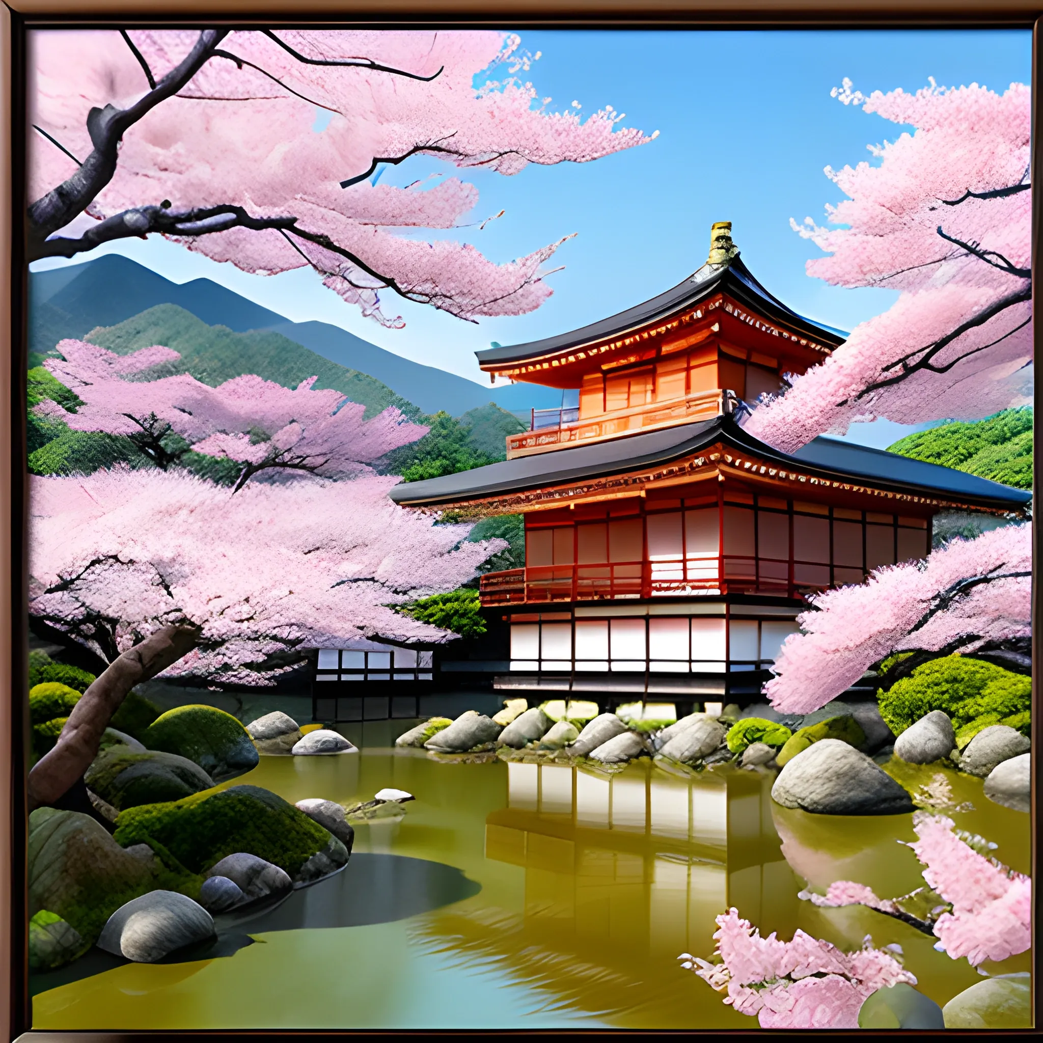 Kyoto, Japan: Craft a serene and traditional scene of cherry blossoms in full bloom by a picturesque Japanese temple, embodying the tranquility of Kyoto., Oil Painting, 3D