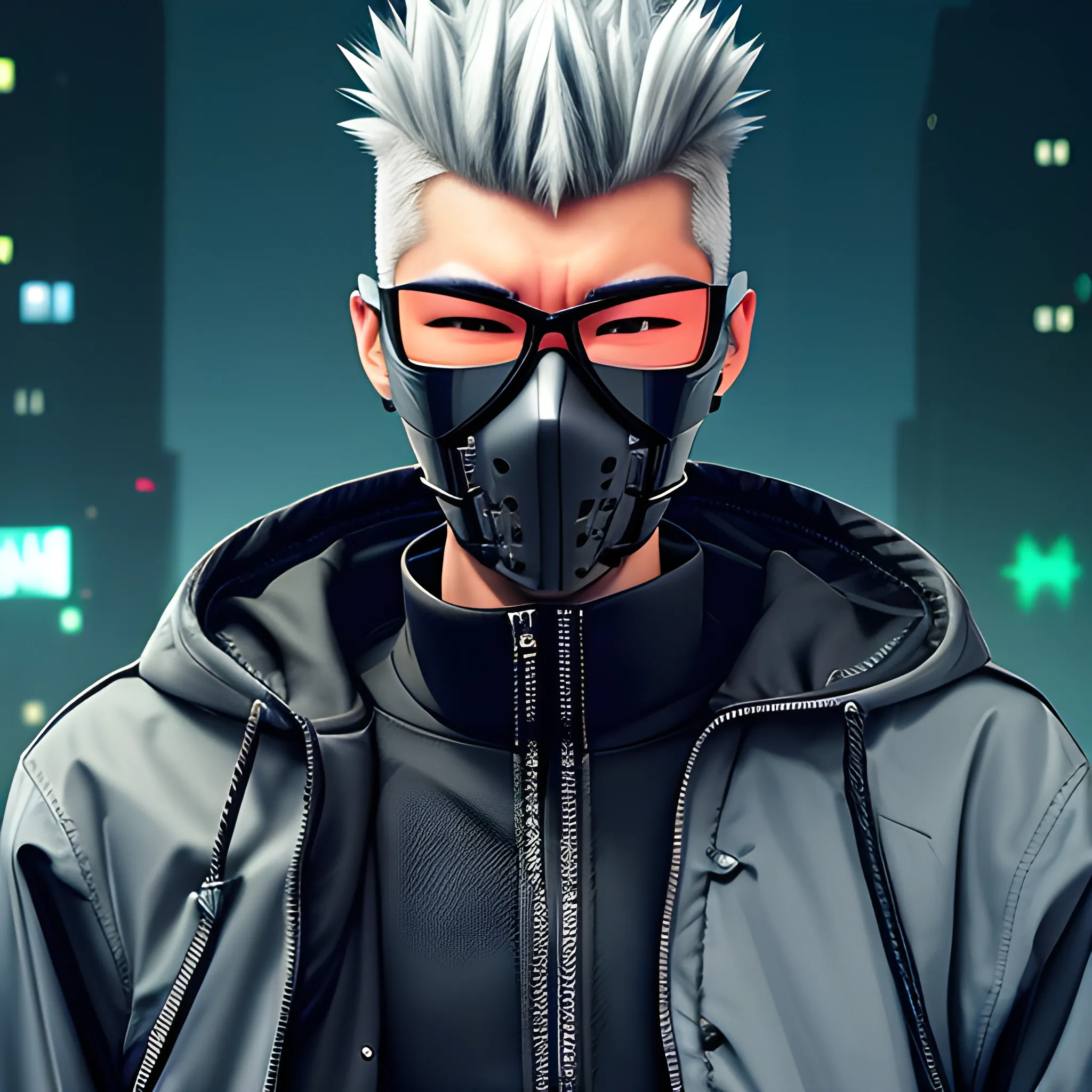 Handsome cyber punk net runner, with short spiked grey hair, Right side cyber arm, high collar hooded jacket no spikes, with a samurai face mask, sunglasses.