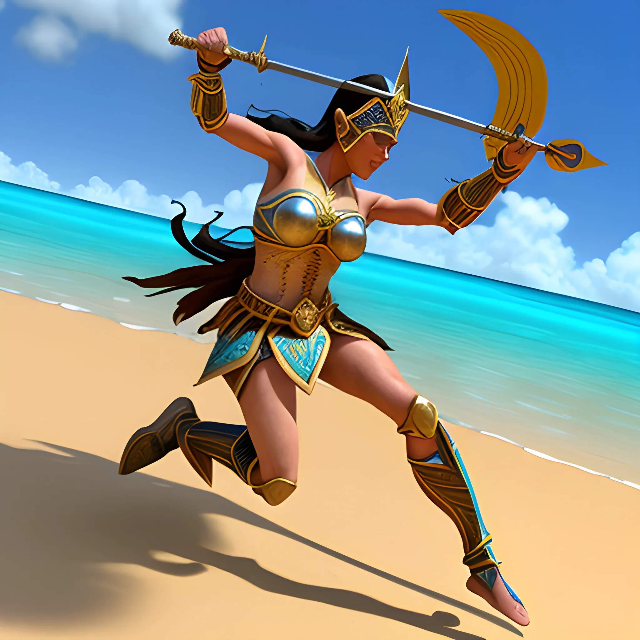 an Amazon woman warrior with shield and long lance. She jumps in a beach, 3D