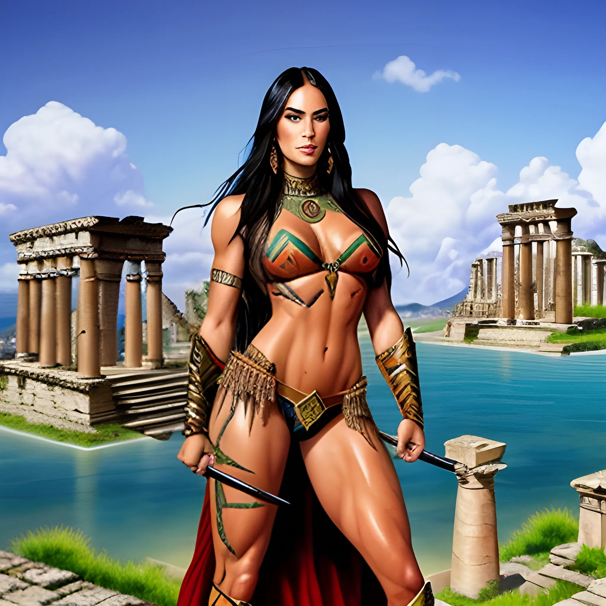 Megan Fox as an indigenous woman and Amazon warrior with sword in right hand and shield in left hand, with ancient ruins of Atlantis city in background. She has well marked very small muscles pectorals, she seen in full body view, Water Color