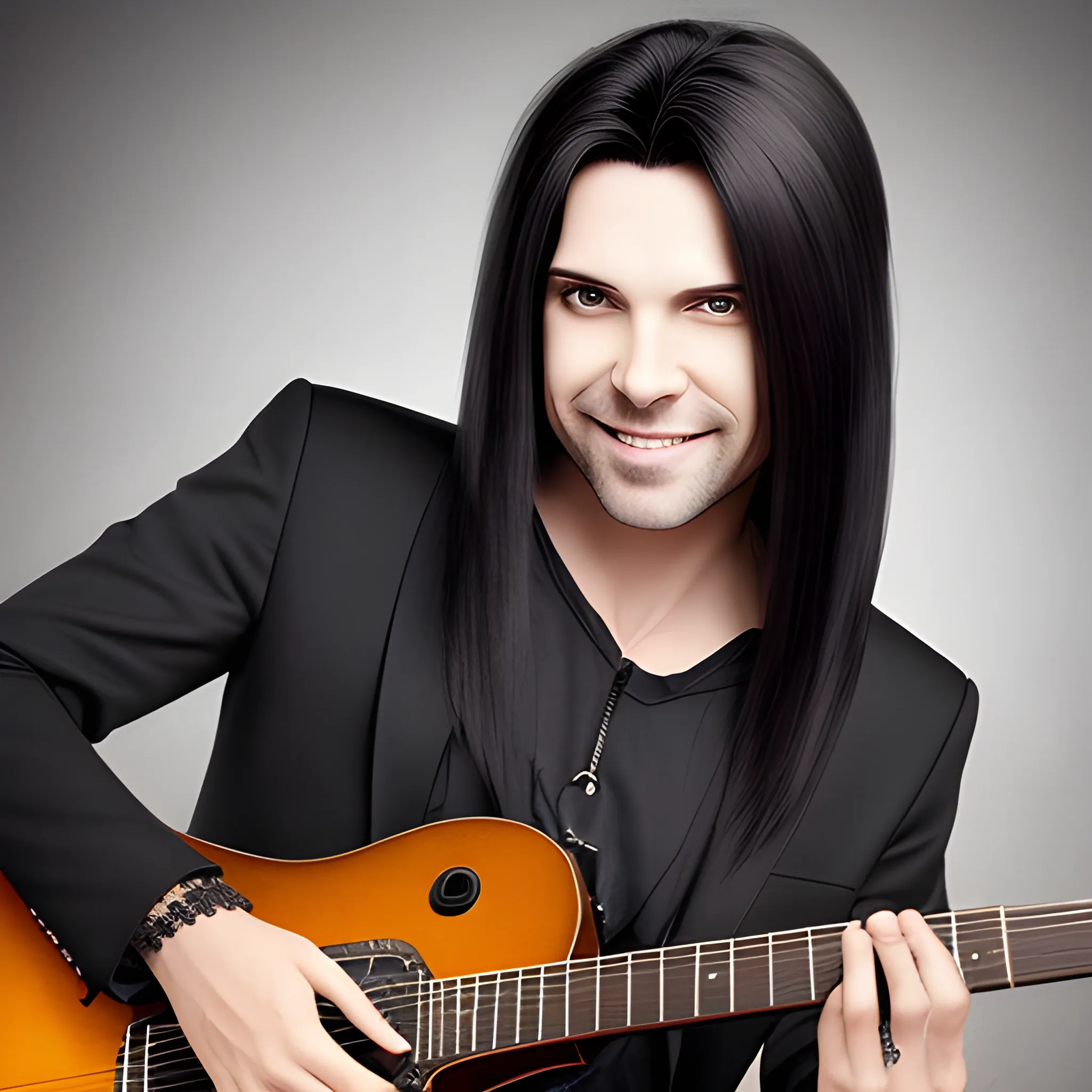 Excited rocker guitarrist with side-swept dark straight hair, luxurious clothing, HD