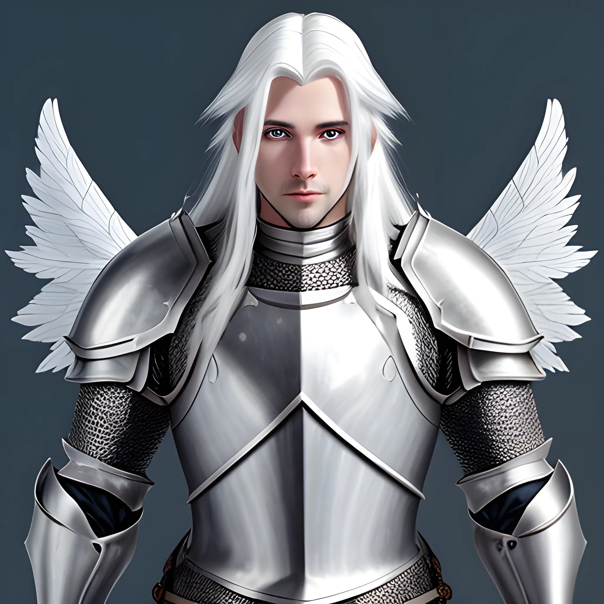 Handsome male knight, long white hair, cerulean eyes, Silver plate armor, and white Angle wings 