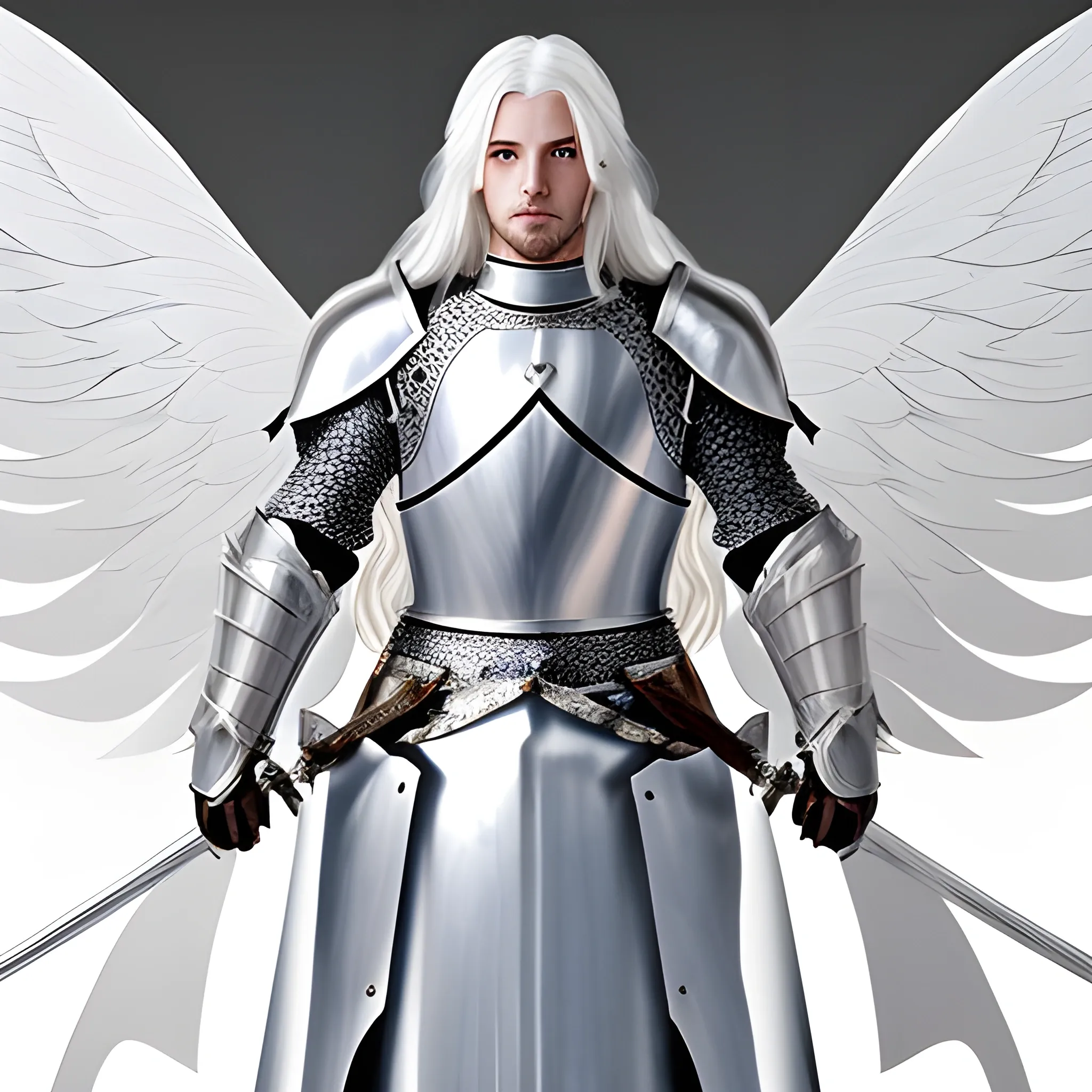 Handsome male knight, long white hair, cerulean eyes, Silver plate armor, and white full length Angle wings 