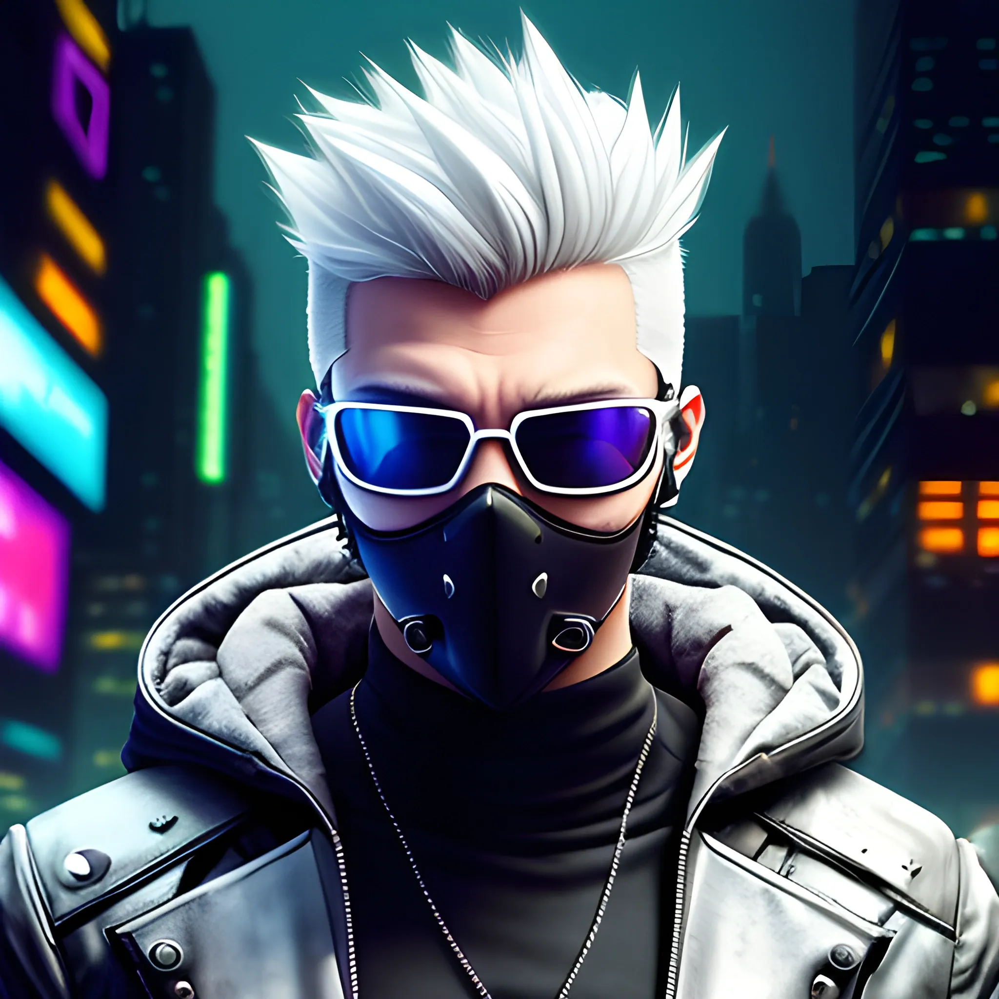 Cyberpunk, fantasy, male, handsome, spiked white hair, sunglasses, facemask, hood, city background