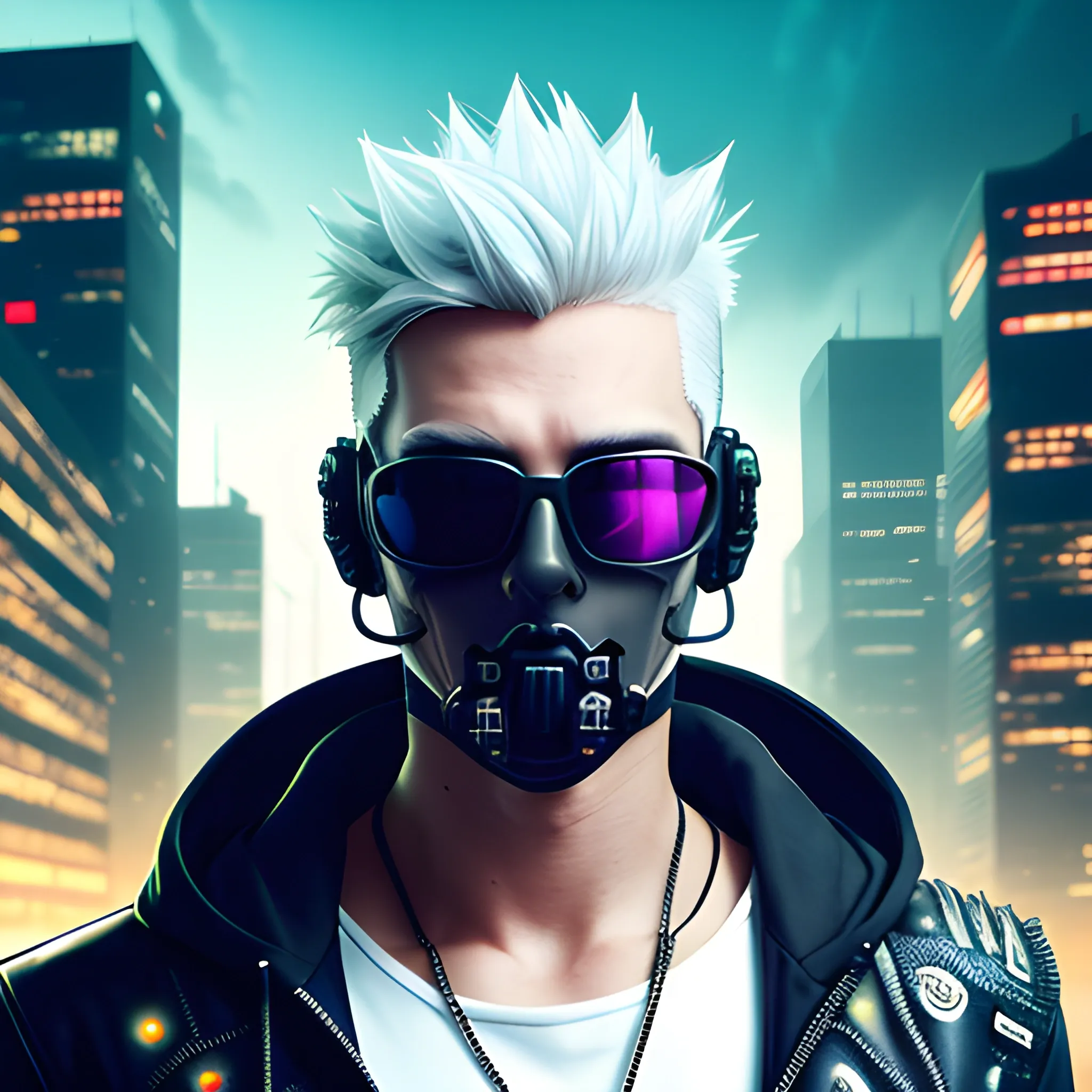 Cyberpunk, fantasy, male, handsome, spiked white hair, sunglasses, facemask, hood up, city background