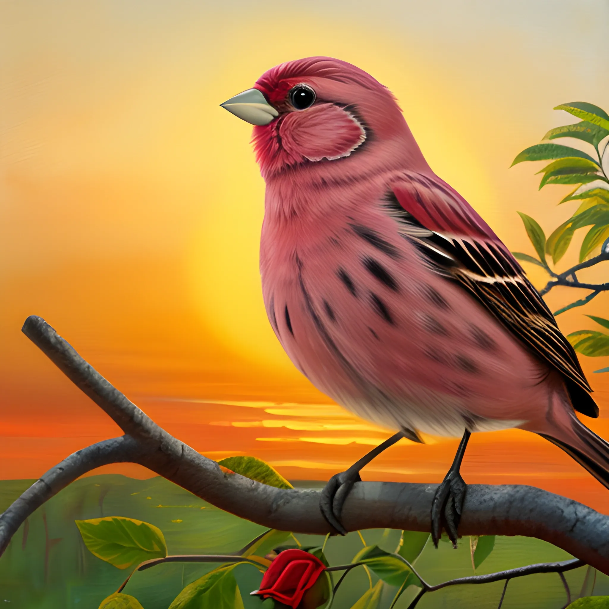 Pallas's rosefinch stands on the tree and is singing under the sunset. Oil-painting
