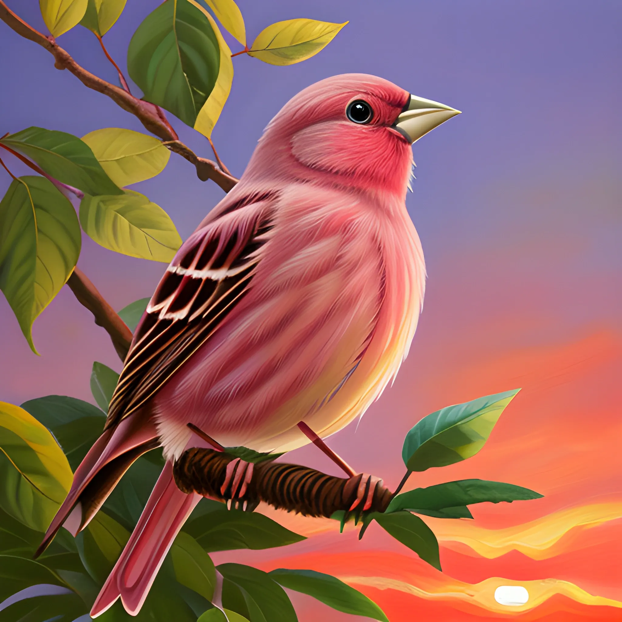 Pallas's rosefinch peacefully stands on the tree. It it relaxed and singing under the sunset. Oil-painting
