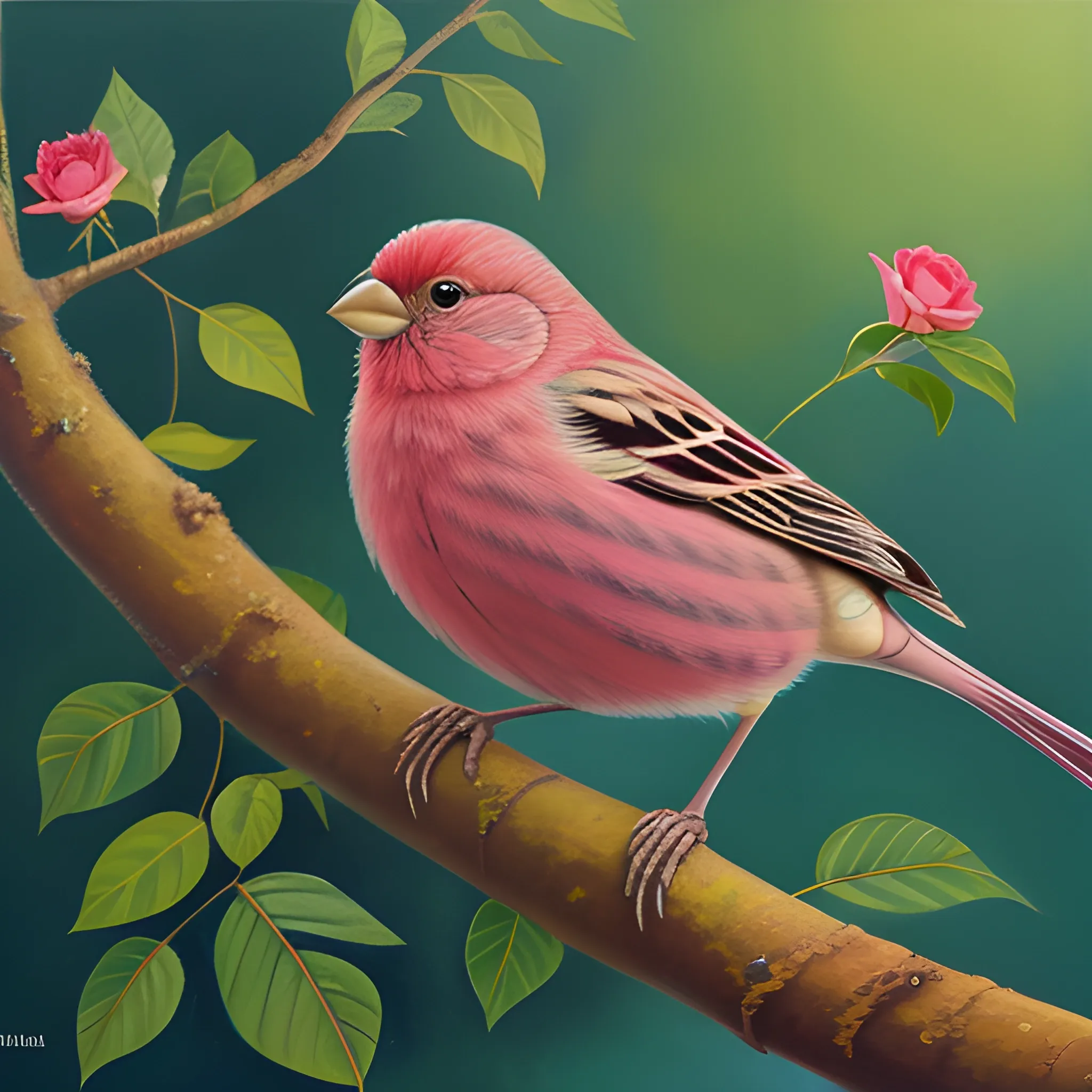 Pallas's rosefinch peacefully stands on the tree. It it relaxed and singing under the sunrise. Some beautiful butterflies are flying around.
, Oil Painting