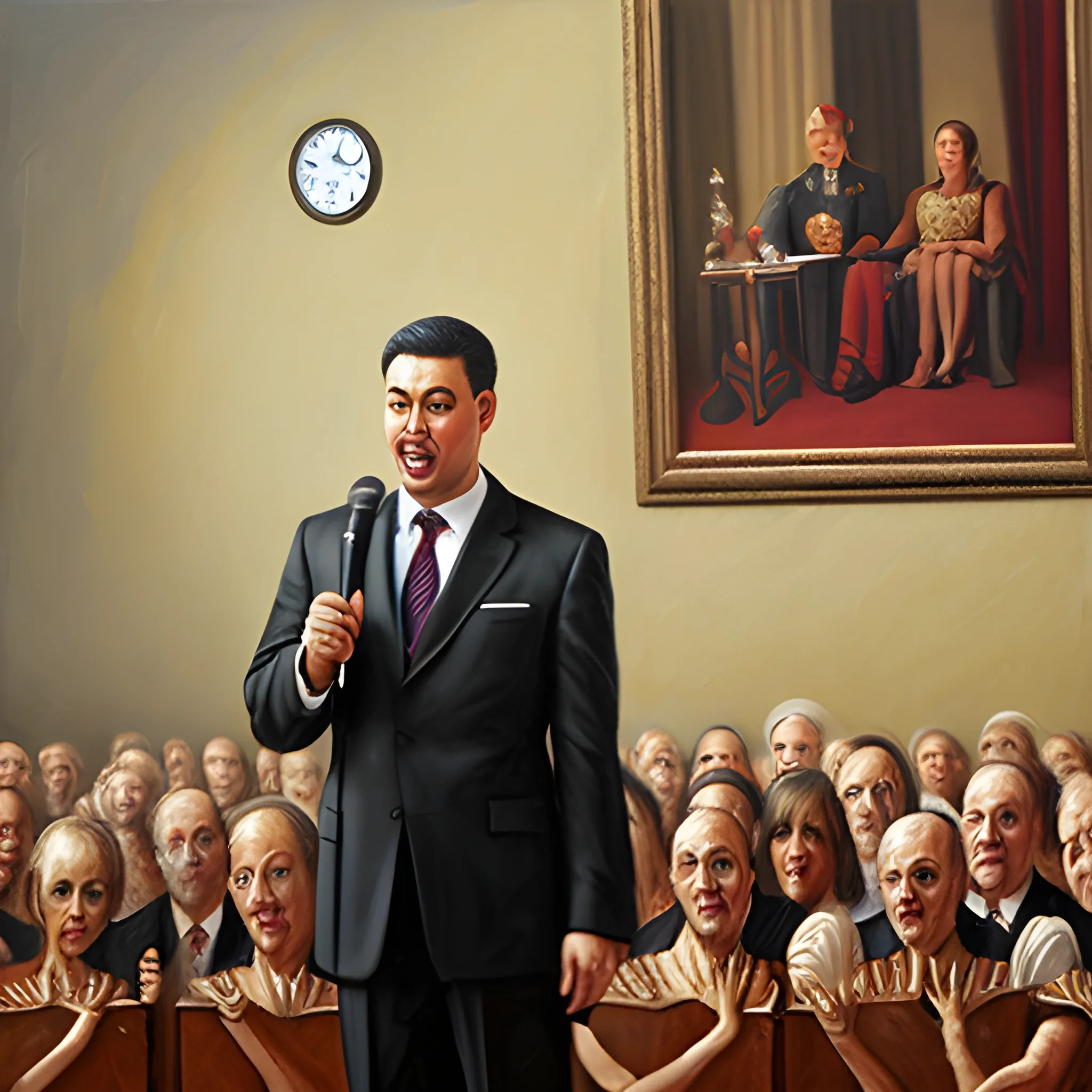 Master of ceremonies speaking to audience on a hall with realistic style., Oil Painting