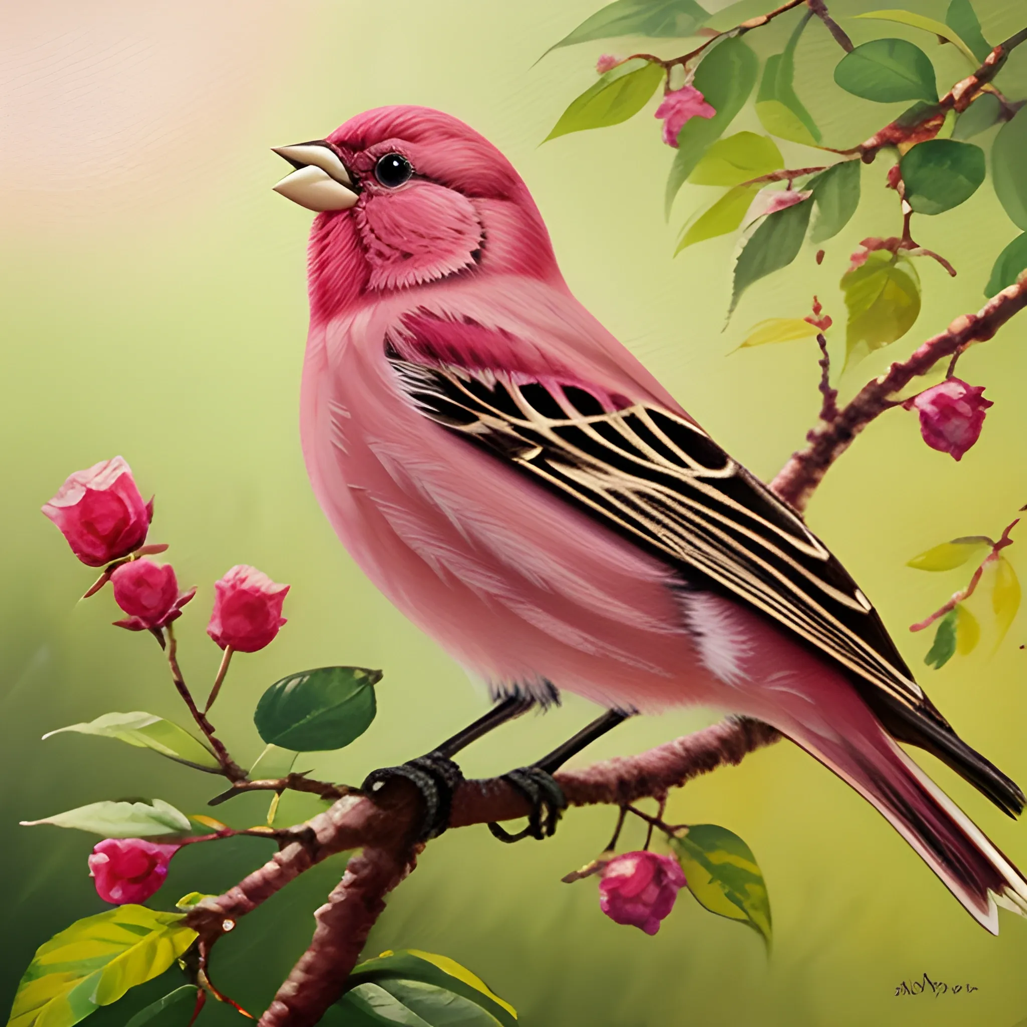 Pallas's rosefinch peacefully stands on the tree. It it relaxed and singing under the sunrise. Some beautiful butterflies are flying around.
, Oil Painting, Water Color