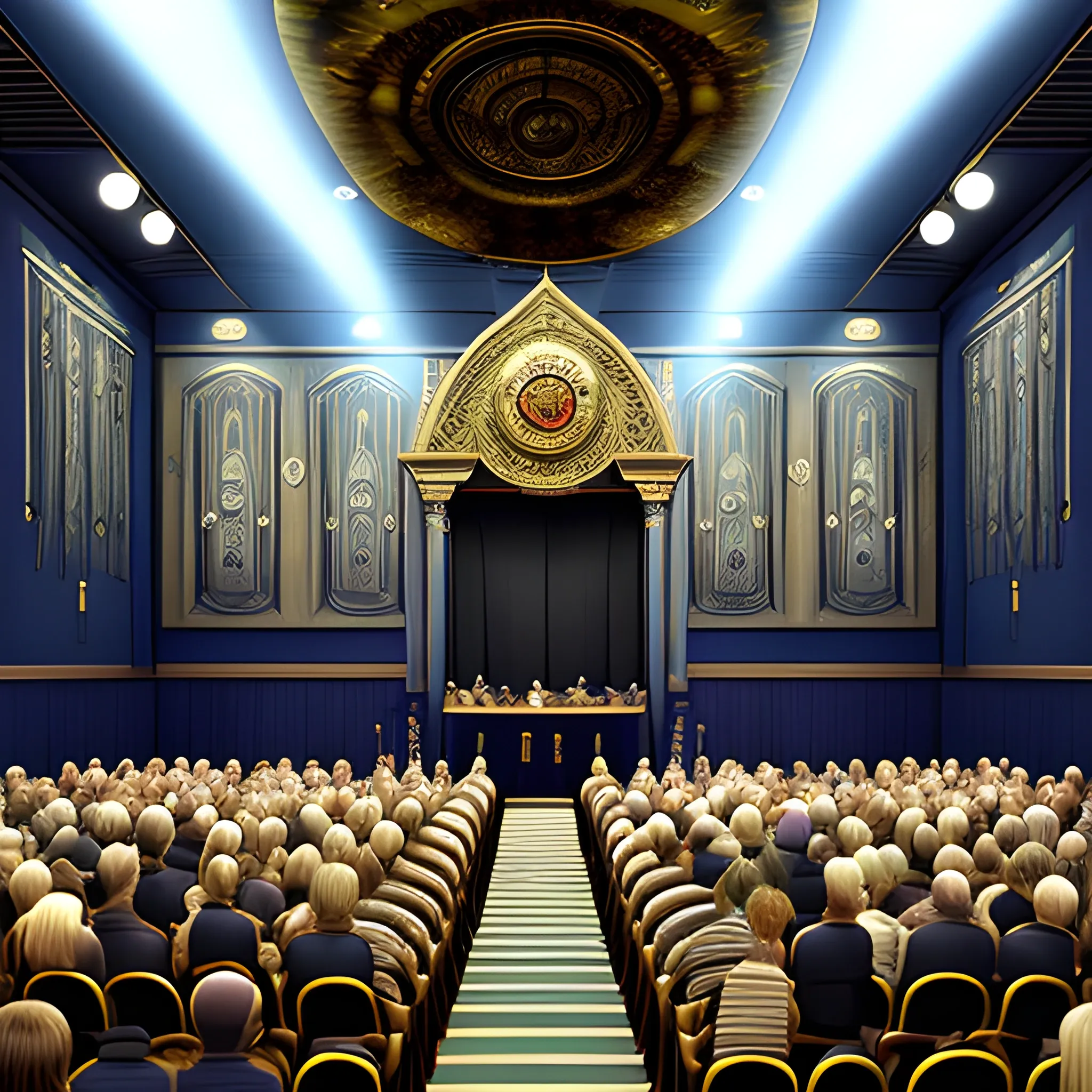 Master of ceremonies speaking to audience on a hall with realistic style, Trippy