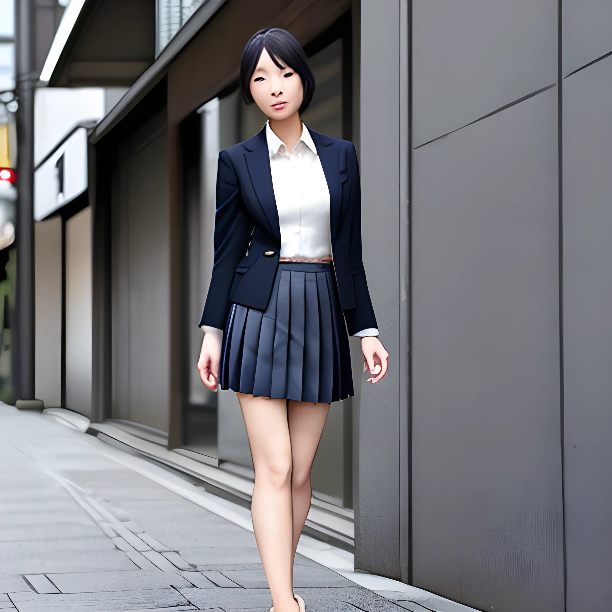 A beautiful Japanese woman stands in the street wearing a suit jacket and very short pleated skirt. Her pair of stiletto heels are realistic and finely detailed