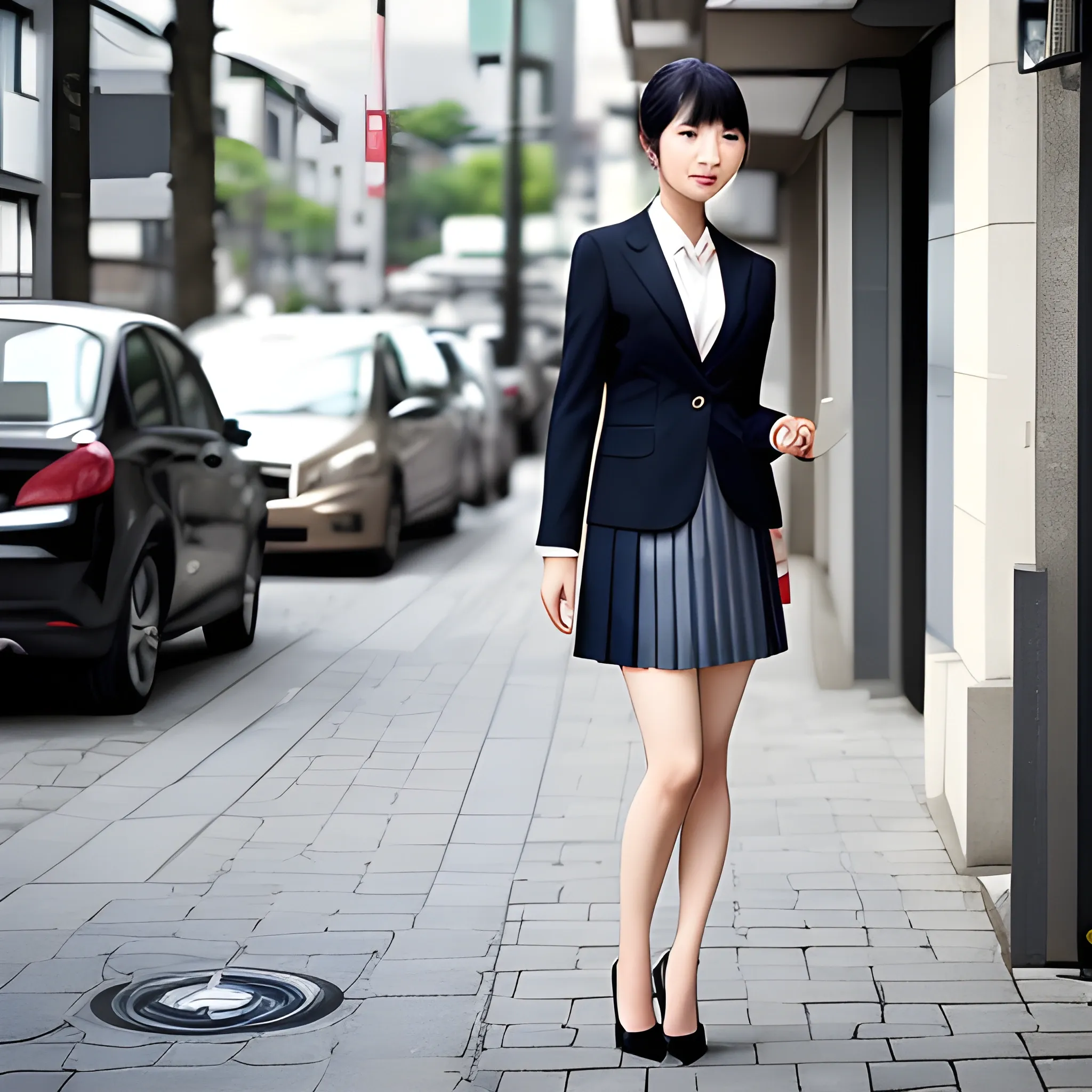 A beautiful Japanese woman stands in the street wearing a suit jacket and very short pleated skirt. Her pair of stiletto heels are realistic and finely detailed