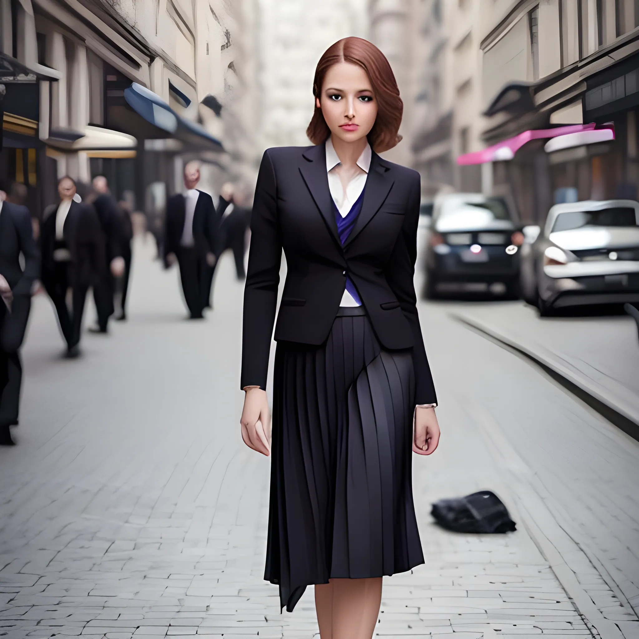 A beautiful woman stands in the street wearing a suit jacket and pleated skirt. Her pair of stiletto heels are realistic and finely detailed, photography, ultra high definition