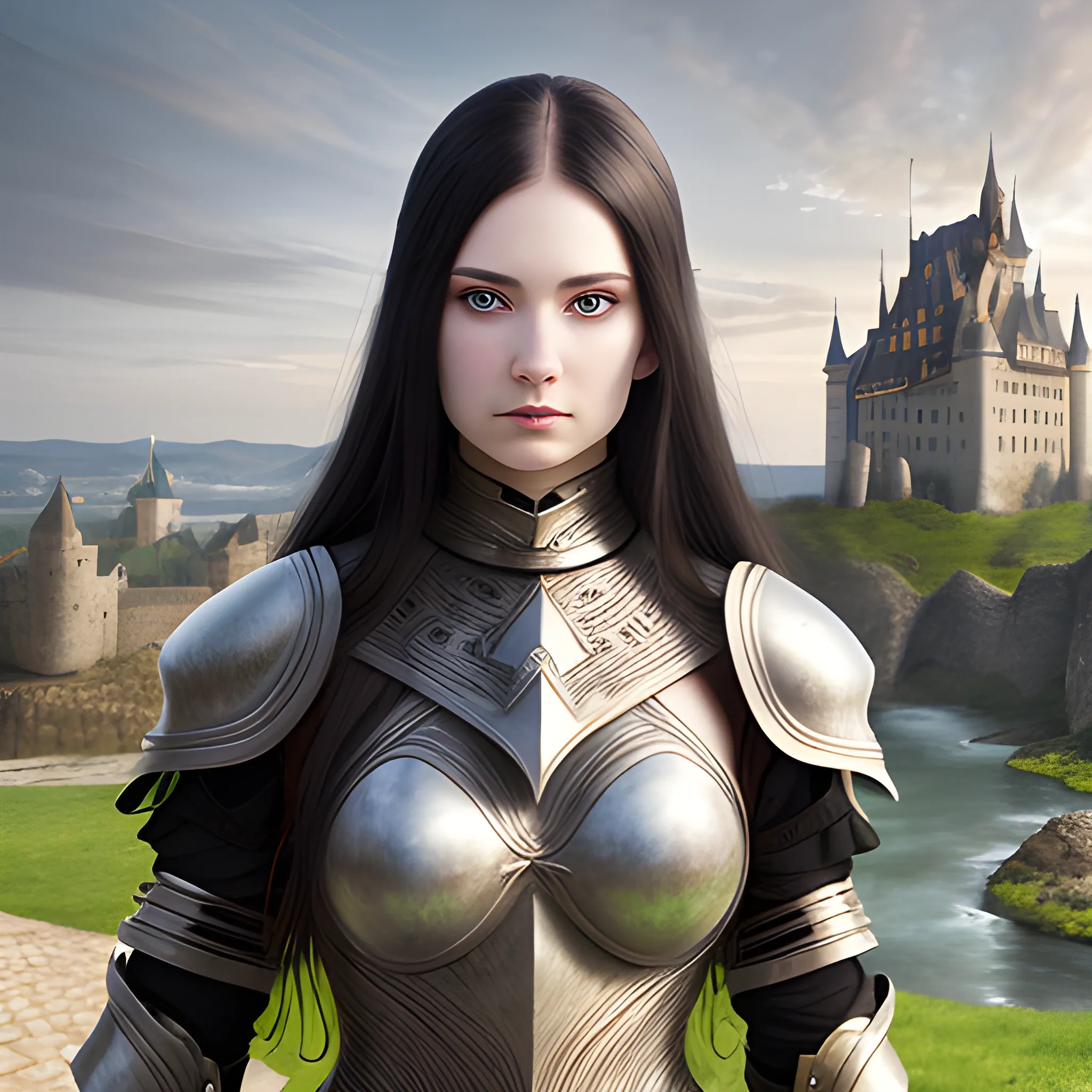 a woman in detailed armor, portrait, looking at viewer, black long hair, no helmet, facing viewer, medium breasts, standing, pale skin, beautiful bright eyes, castle background, extremely realistic detail, high quality