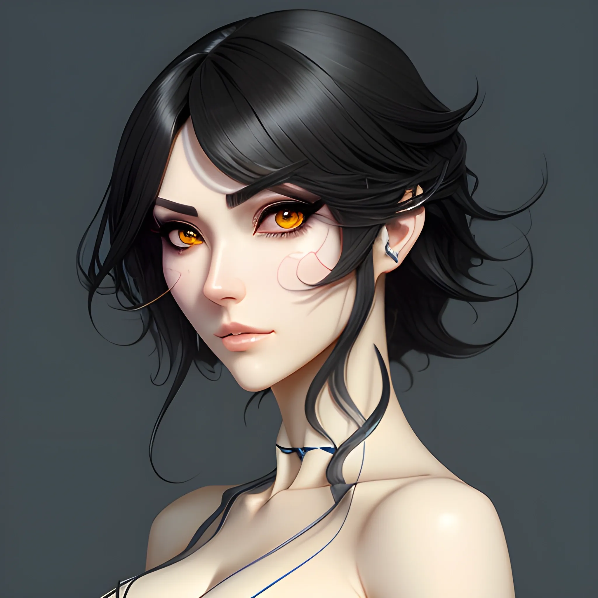 digital art, sharp focus, close - up, character portrait, slightly wavy hair, detailed lighting, beautiful fantasy art, film still, masterpiece, award winning, symmetry, by artgerm and hayao miyazaki, by rutkowsky, by alphonse mucha, artstation, hq, trending on artstation, girl, short hair, black hair, anime, realistic, detailed, Guweiz by Zheng Wei Gu, beautiful big eyes, youth, child, cute kid, young girl