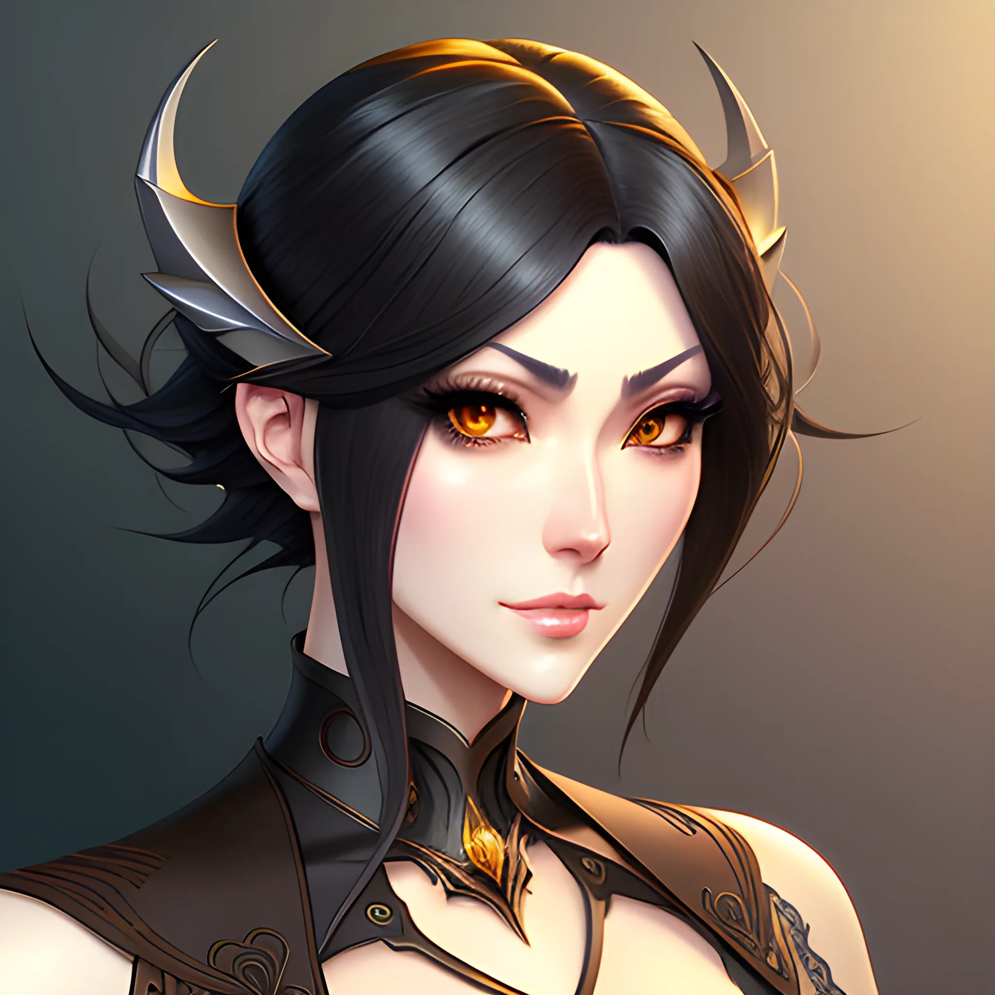 digital art, sharp focus, close - up, character portrait, slightly wavy hair, detailed lighting, beautiful fantasy art, film still, masterpiece, award winning, symmetry, by artgerm and hayao miyazaki, by rutkowsky, by alphonse mucha, artstation, hq, artstation, girl, short hair, black hair, realistic anime, realistic, detailed, Guweiz by Zheng Wei Gu, beautiful big eyes, youth, child, cute kid, young girl, Peace Z.W. Gu, facing the left, looking at viewer, peace, fantasy character, fantasy character art, fantasy character concept, realistic anime style character art, childish