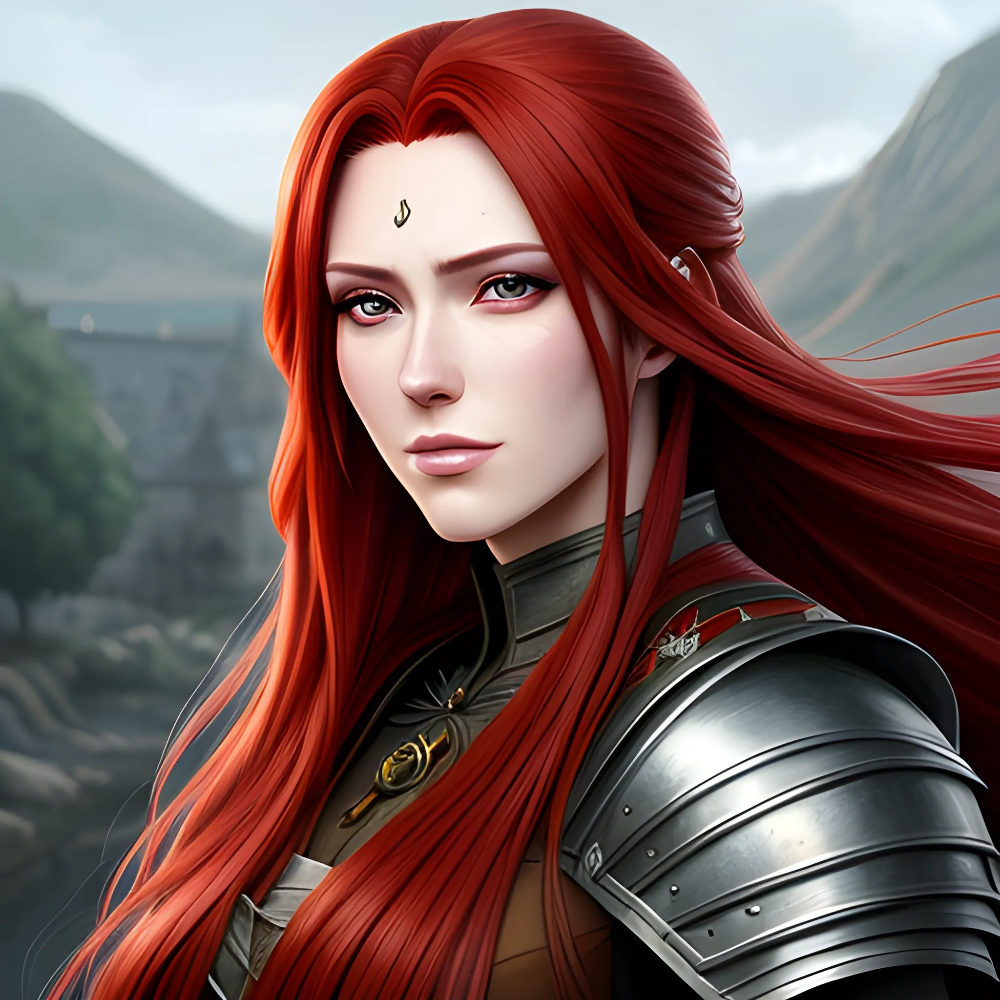 child, character art, hyperrealistic, hyper realistic, realistic anime art style, anime art style, up close, portrait, happy, long hair, red hair, fantasy background, medieval clothes