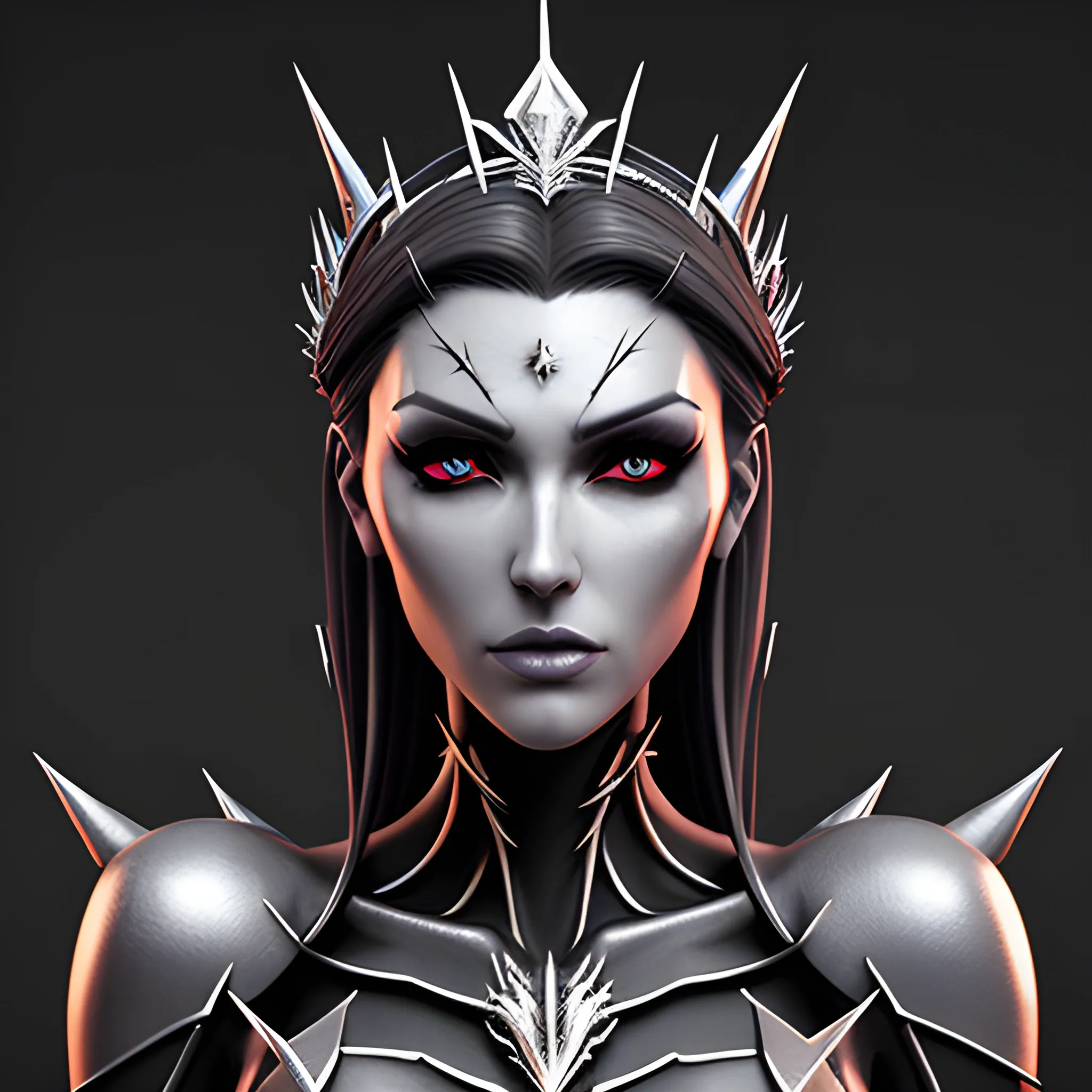Create a hyper-detailed 3D model of a slender and stunning girl adorned with a crown made of thorns, featuring additional spikes. The design should be inspired by realistic renderings and anime-esque characters, combining elements of realistic portraiture, heistcore, and dragoncore. The model should reflect delicate realism, emphasizing dark colors throughout.