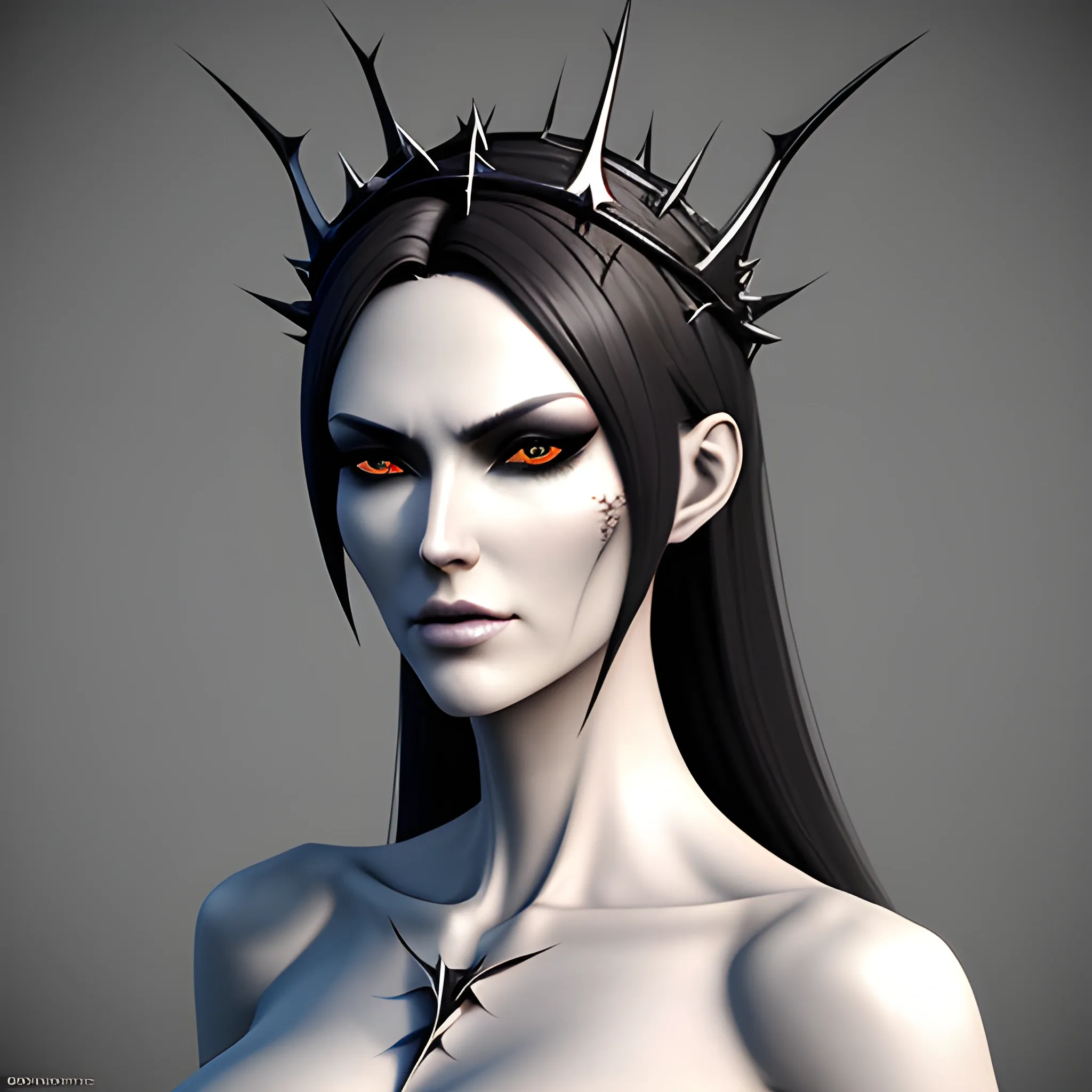 Create a hyper-detailed 3D model of a slender and stunning girl adorned with a crown made of thorns, featuring additional spikes. The design should be inspired by realistic renderings and anime-esque characters, combining elements of realistic portraiture, heistcore, and dragoncore. The model should reflect delicate realism, emphasizing dark colors throughout in original style.