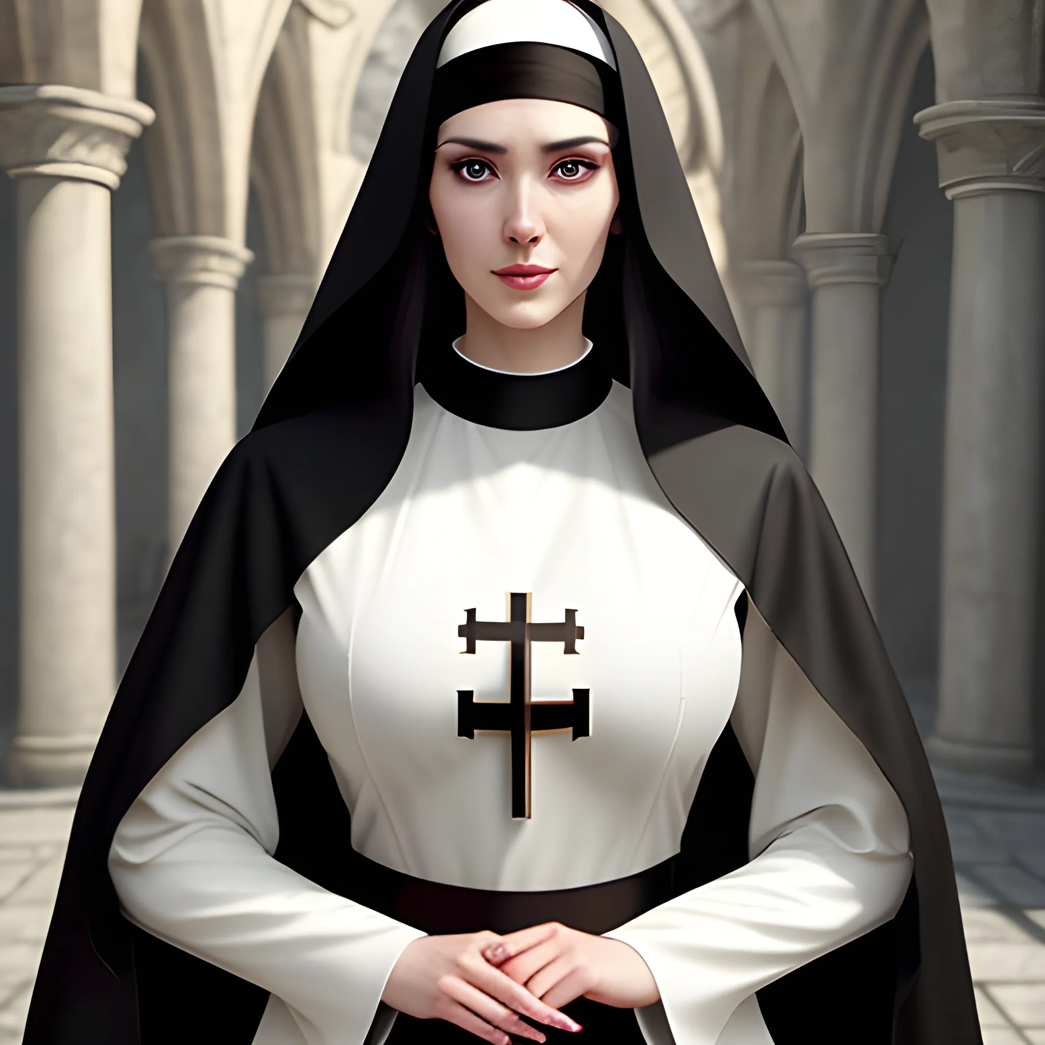 beautiful girl, priestess, long hair, nun robes, black hair, realistic, hyper realistic, hyper detailed, high definition, real life, live action, classic medieval outfit, very realistic anime art style, 