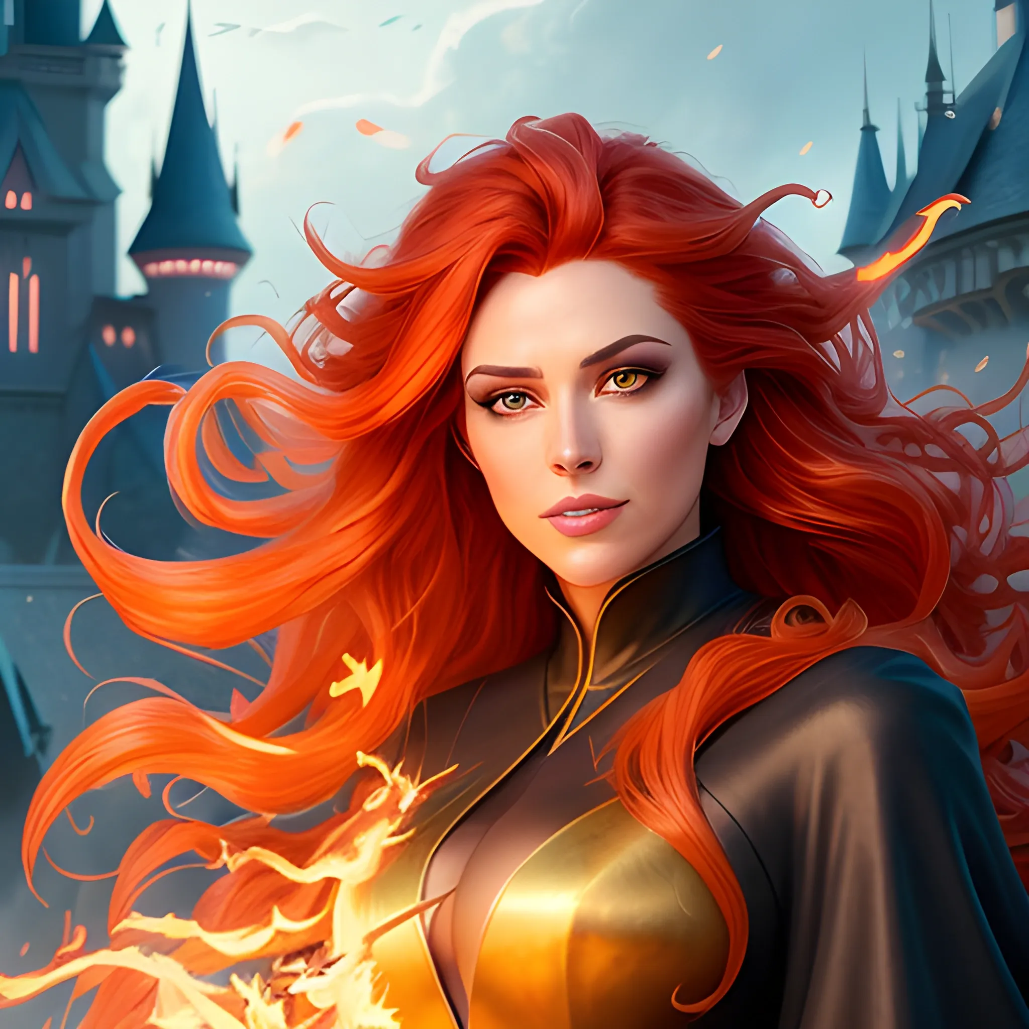 casting a bright large-scale magical spell around herself, casting fire spell, realistic portrait of a innocent young teen girl, d&d magic fantasy, dark magical school robes, light curly hair, overflowing energy, highly detailed, digital painting, trending on artstation, pixiv, concept art, sharp focus, illustration, art by Ross Tran and Greg Rutkowski and Walt Disney animation, red flaming hair, magical flaming hair, fire hair, hair on fire, magic hair, burning hair, magical background, very detailed background,