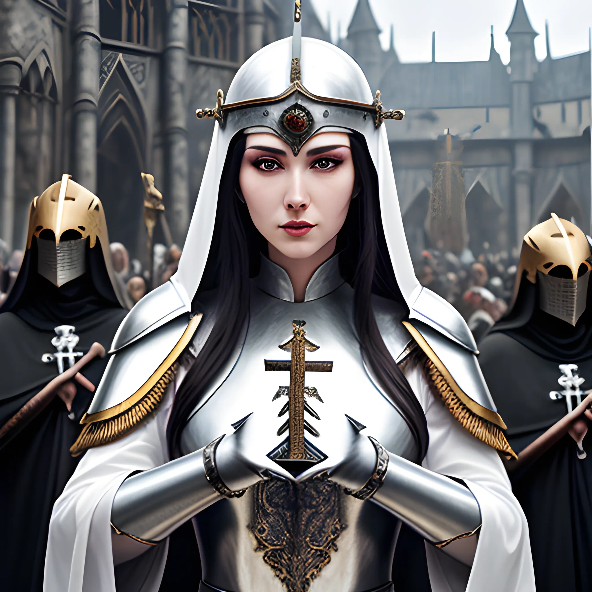 full face metal knight helmet, priestess robes, beautiful girl, priestess, long hair, nun robes, black hair, realistic, hyper realistic, hyper detailed, high definition, real life, live action, classic medieval outfit, very realistic anime art style, beautiful priestess, eye covering,