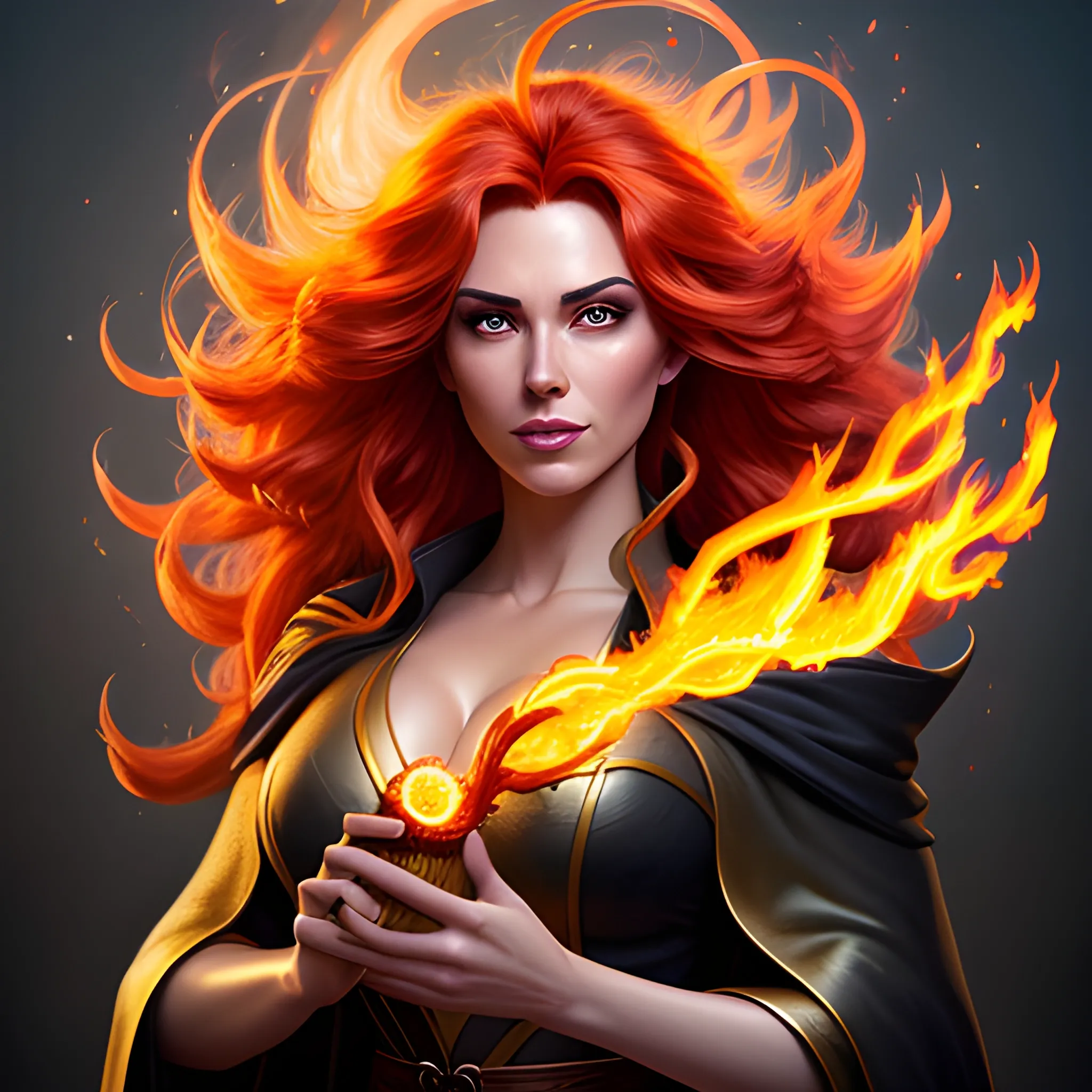 very detailed background, casting a bright large-scale magical spell around herself, casting fireball, realistic portrait of a innocent young teen girl, d&d magic fantasy, dark magical school robes, light curly hair, overflowing energy, highly detailed, digital painting, trending on artstation, pixiv, concept art, sharp focus, illustration, art by Ross Tran and Greg Rutkowski and Walt Disney animation, red flaming hair, magical flaming hair, fire hair, hair on fire, magic hair, burning hair, magical background,