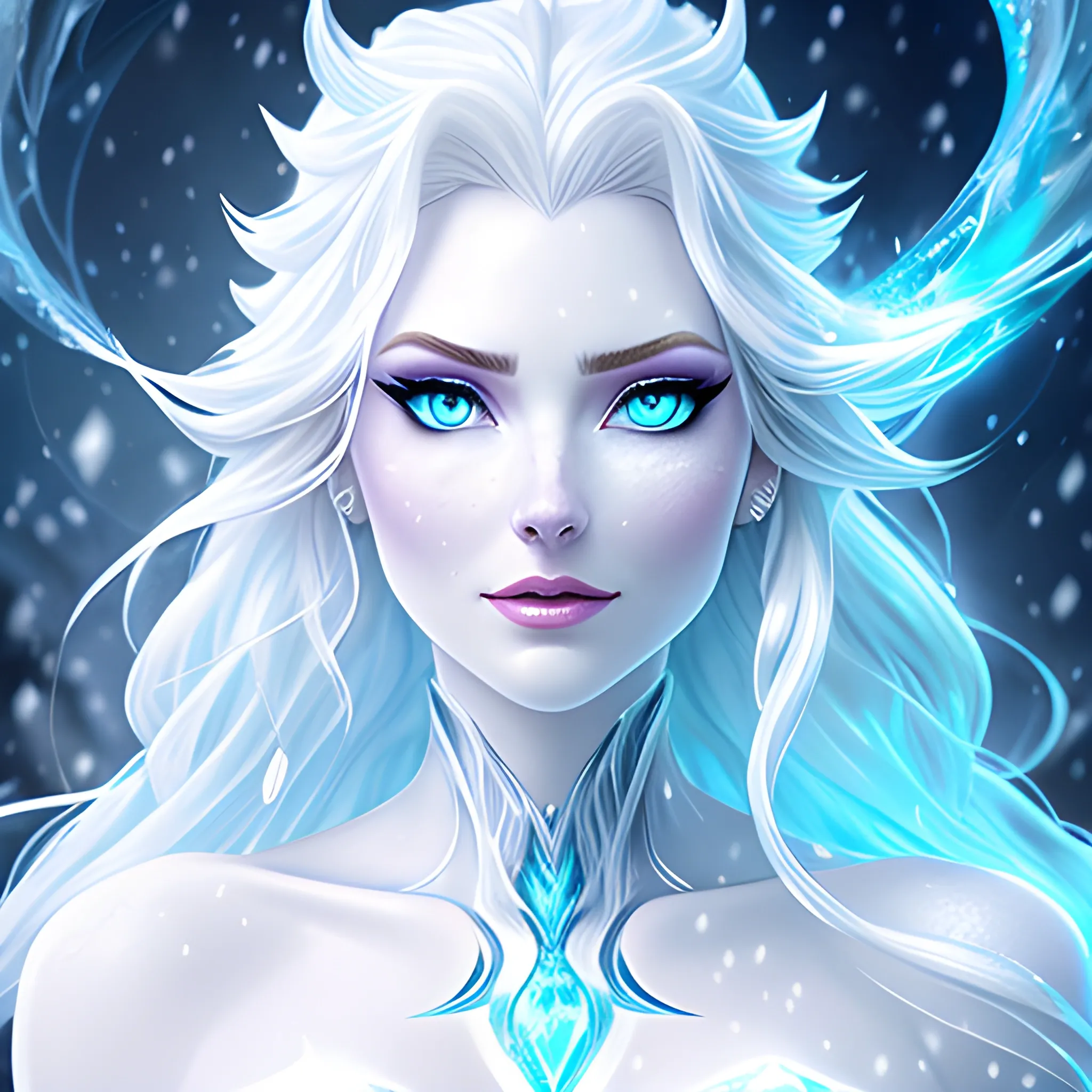 glowing pale blue eyes, swirling snow and ice background, very detailed magical background, casting a bright large-scale magical spell around herself, casting ice spell, realistic portrait of a innocent young teen girl, d&d magic fantasy, ice queen, icy gown, light curly hair, overflowing energy, highly detailed, digital painting, trending on artstation, pixiv, concept art, sharp focus, illustration, art by Ross Tran and Greg Rutkowski and Walt Disney animation, white frozen hair, magical frozen hair, ice hair, hair frozen, magic hair, icy hair, magical background