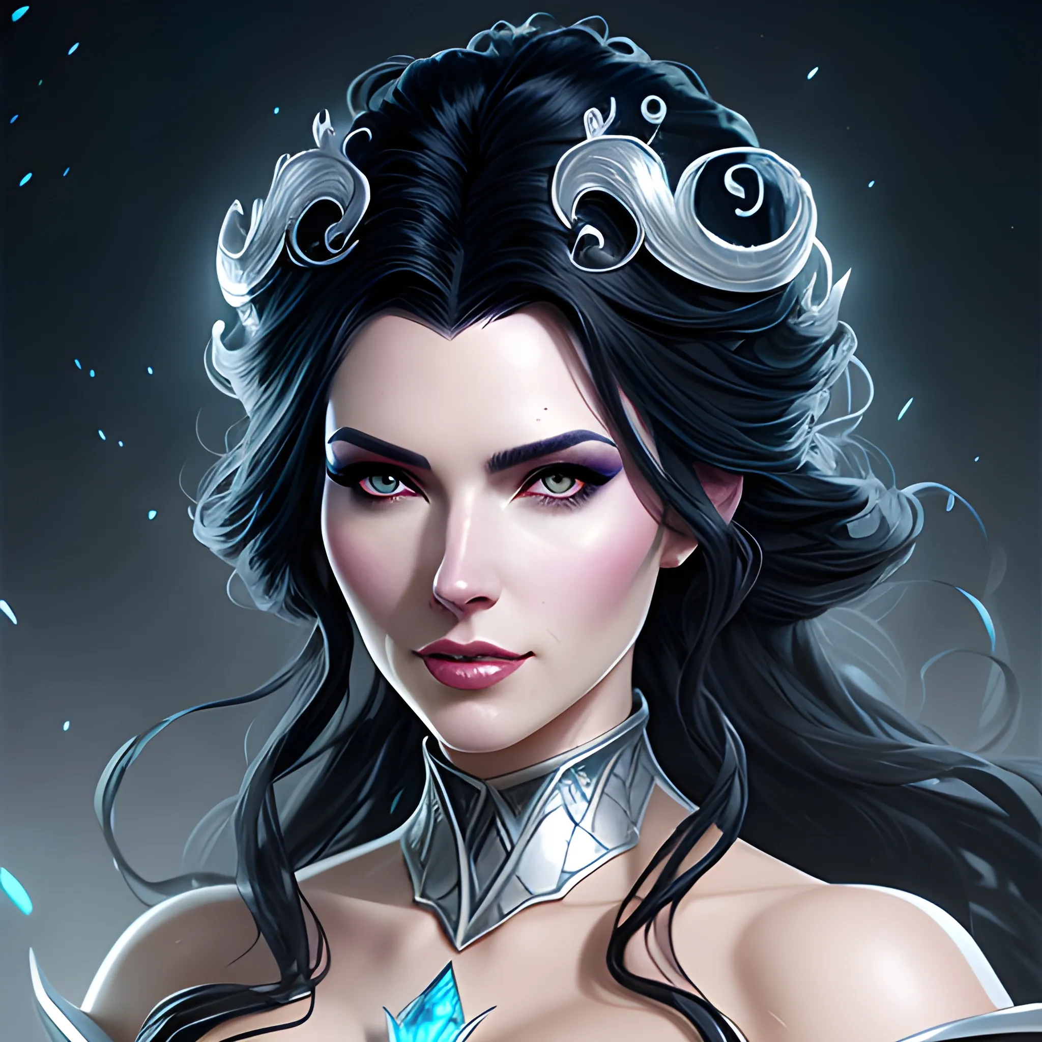 facing viewer, black hair, fantasy medieval outfit, realistic portrait of a innocent young teen girl, d&d magic fantasy, ice queen, icy gown, light curly hair, overflowing energy, highly detailed, digital painting, trending on artstation, pixiv, concept art, sharp focus, illustration, art by Ross Tran and Greg Rutkowski and Walt Disney animation