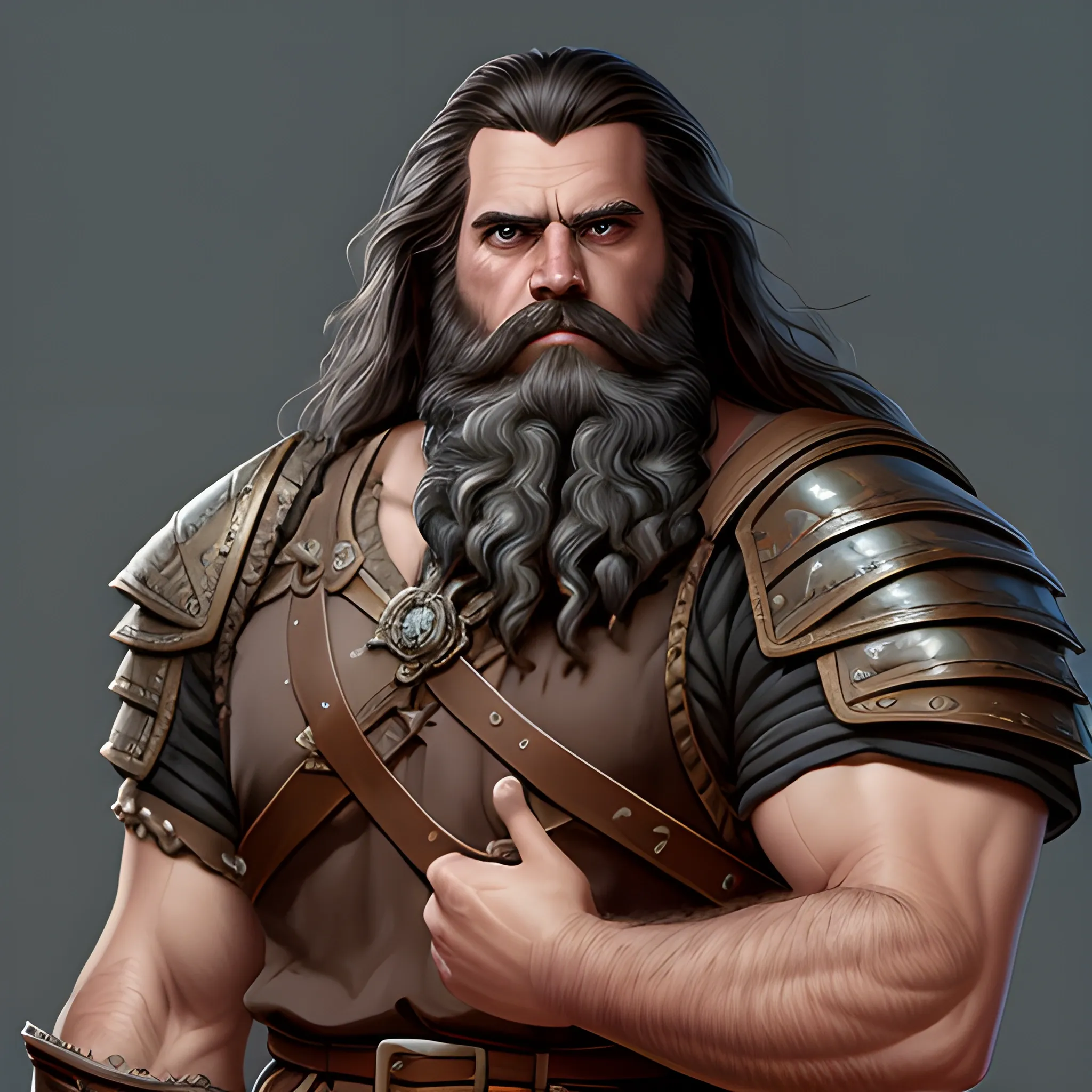 strong, well muscled, very detailed, close up, full body view, facing viewer, long hair, big black beard, black hair, fantasy medieval outfit, realistic portrait of a giant man, d&d fantasy character art, highly detailed, digital painting, trending on artstation, pixiv, concept art, sharp focus, illustration, art by Ross Tran and Greg Rutkowski and Walt Disney animation, detailed fantasy background