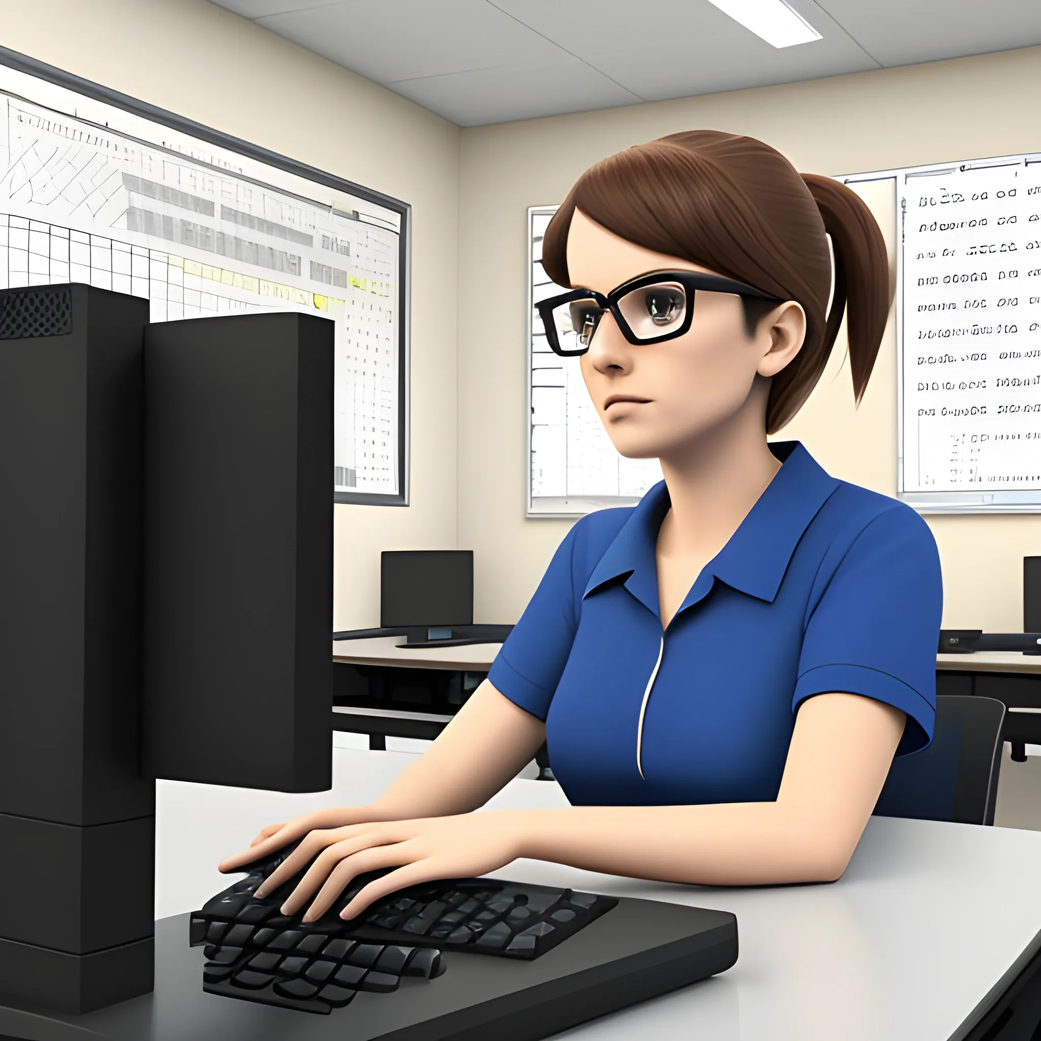 a teacher in a computer lab in a 3D style