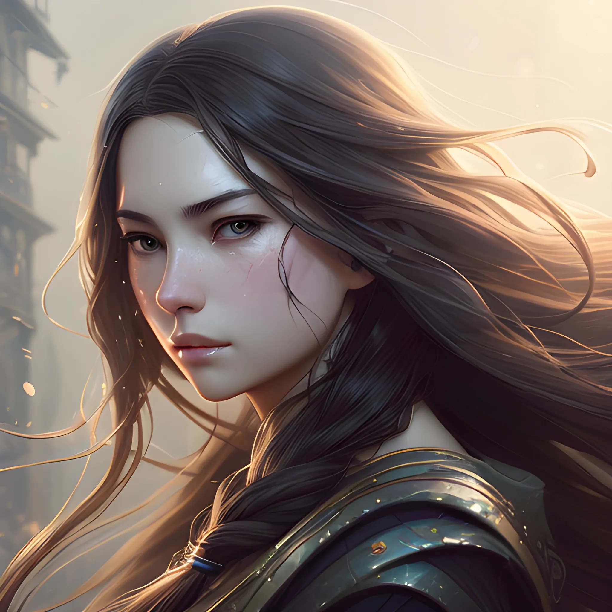 highly detailed, digital painting, trending on artstation, pixiv, concept art, sharp focus, illustration, art by Ross Tran and Greg Rutkowski and Walt Disney animation, beautiful long hair, dark flowing hair, hair blowing in the wind, big brown eyes, Fantastic painting portrait by Karol Bak, Zhaoming Wu, Akihito Yoshida, bokeh,highly detailed,dof,fantasy ,beautiful,dynamic,lighting,award winning,crisp quality,hyperrealistic,hyperdetailed,4k resolution 