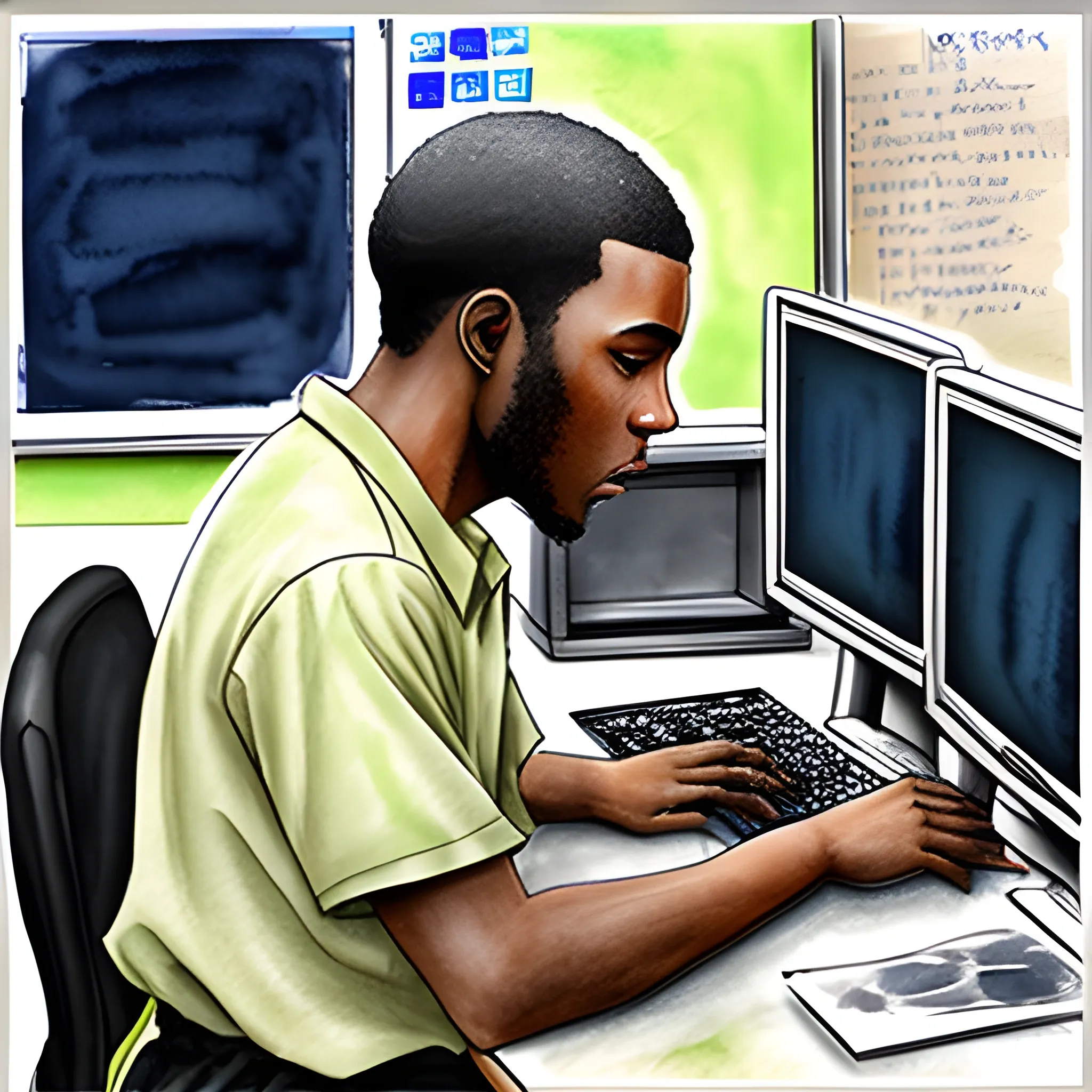 a black male teacher in a computer lab, Water Color