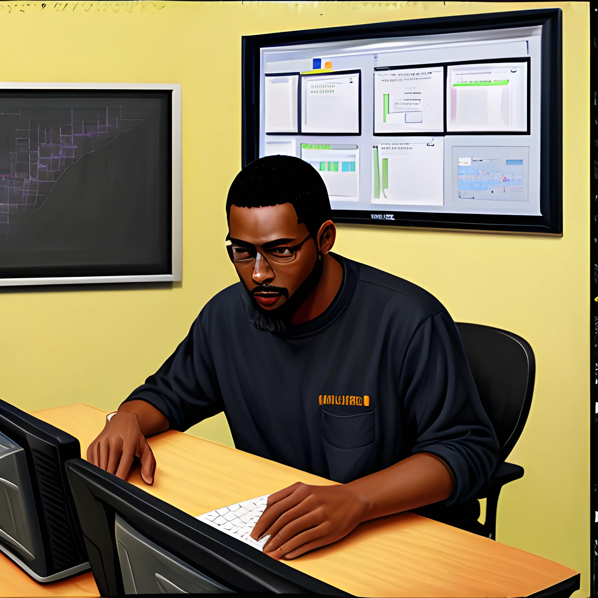 a black male teacher in a computer lab, Oil Painting