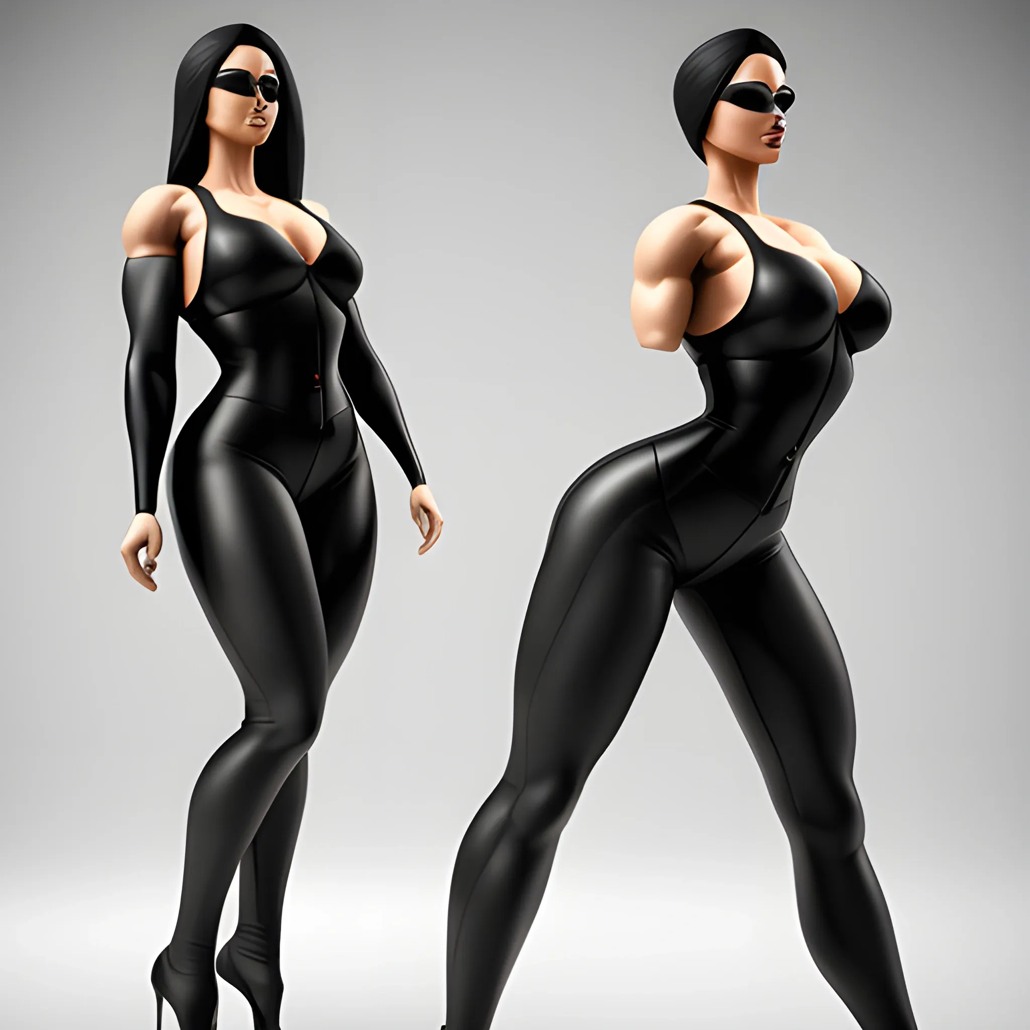 Slightly muscular, dramatic hourglass figure, five-foot five-inches tall, wearing high-heels, tight suit, 3D