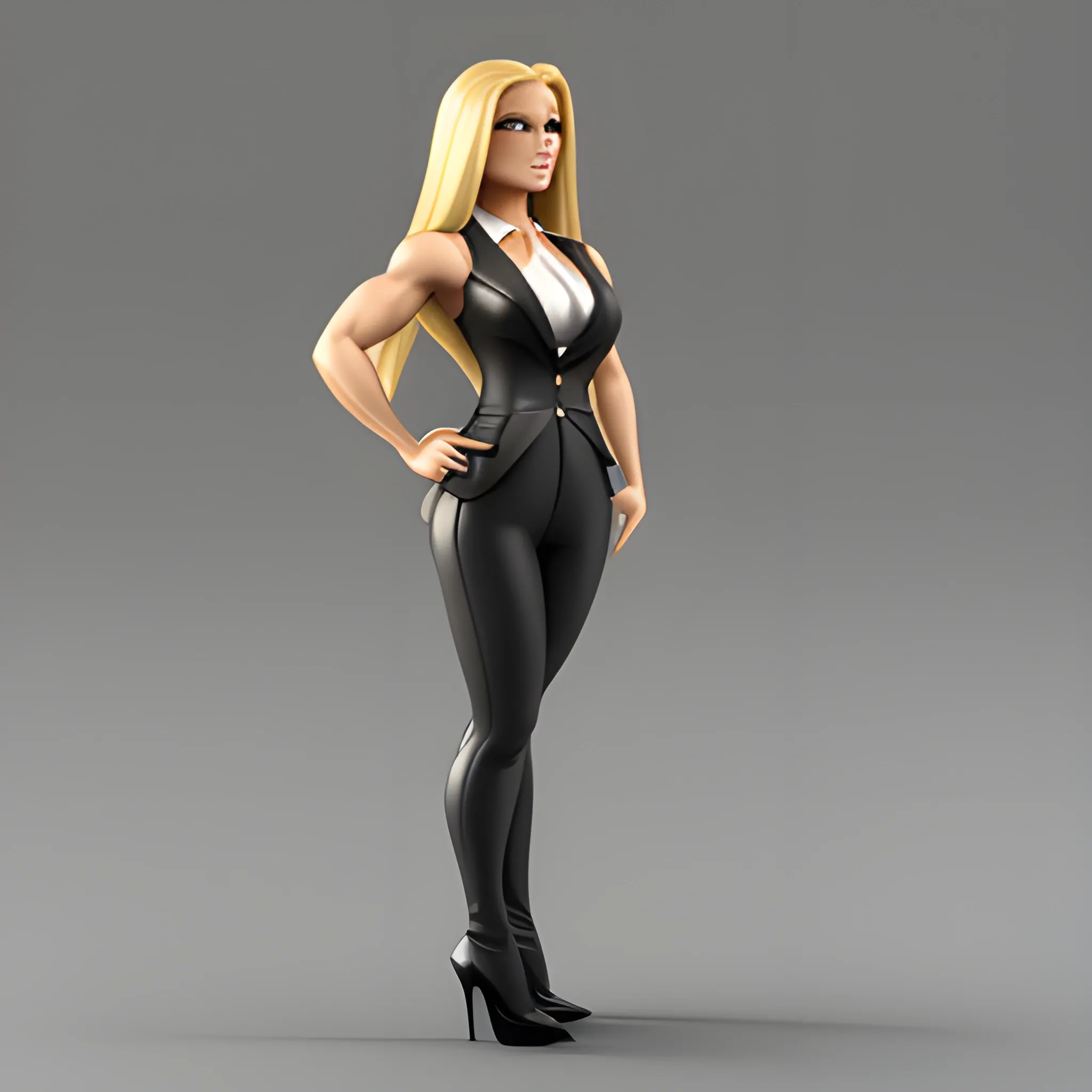 Slightly muscular, very long and thick blonde hair, dramatic hourglass figure, five-foot five-inches tall, wearing high-heels, flattering business suit, 3D