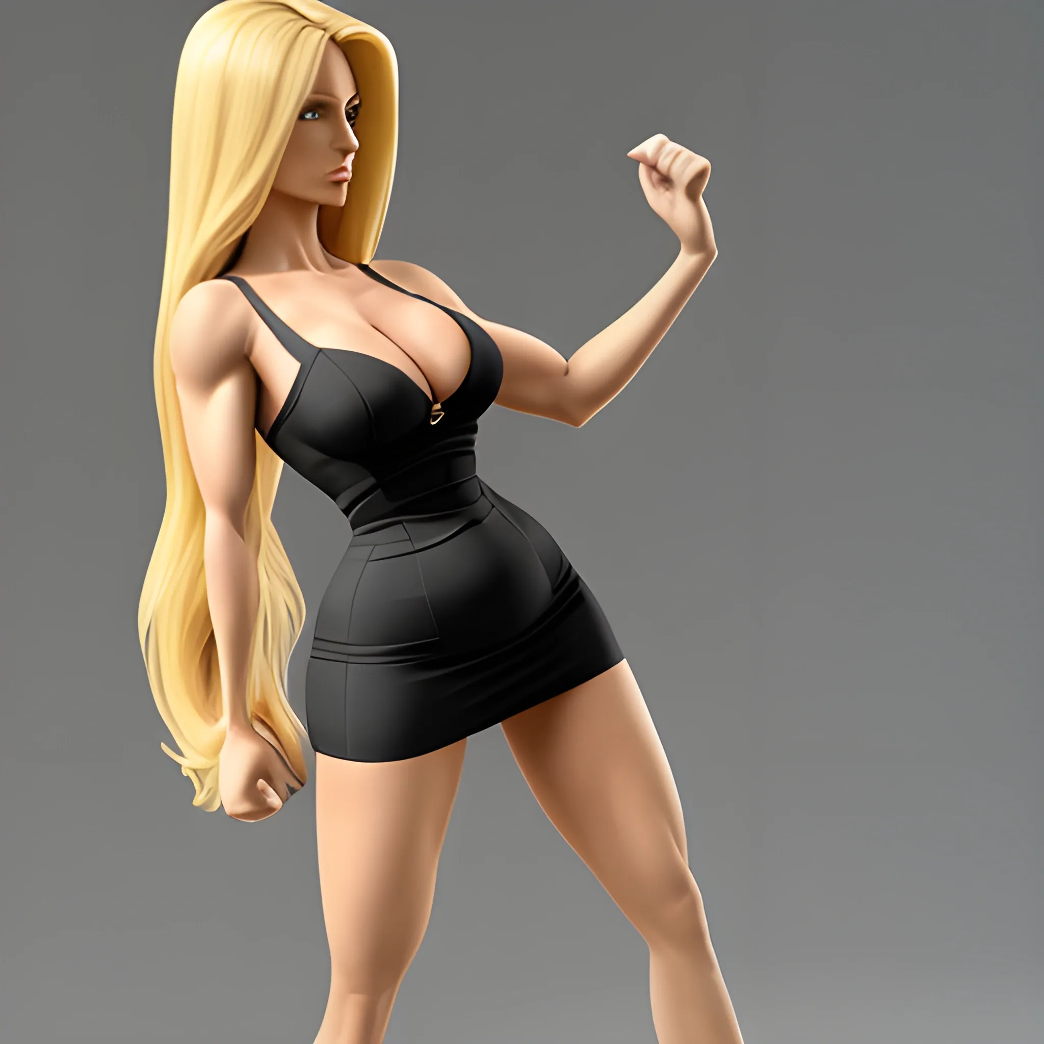 Slightly muscular, very long and thick blonde hair, dramatic hourglass figure, five-foot five-inches tall, wearing high-heels, flattering business suit, 3D