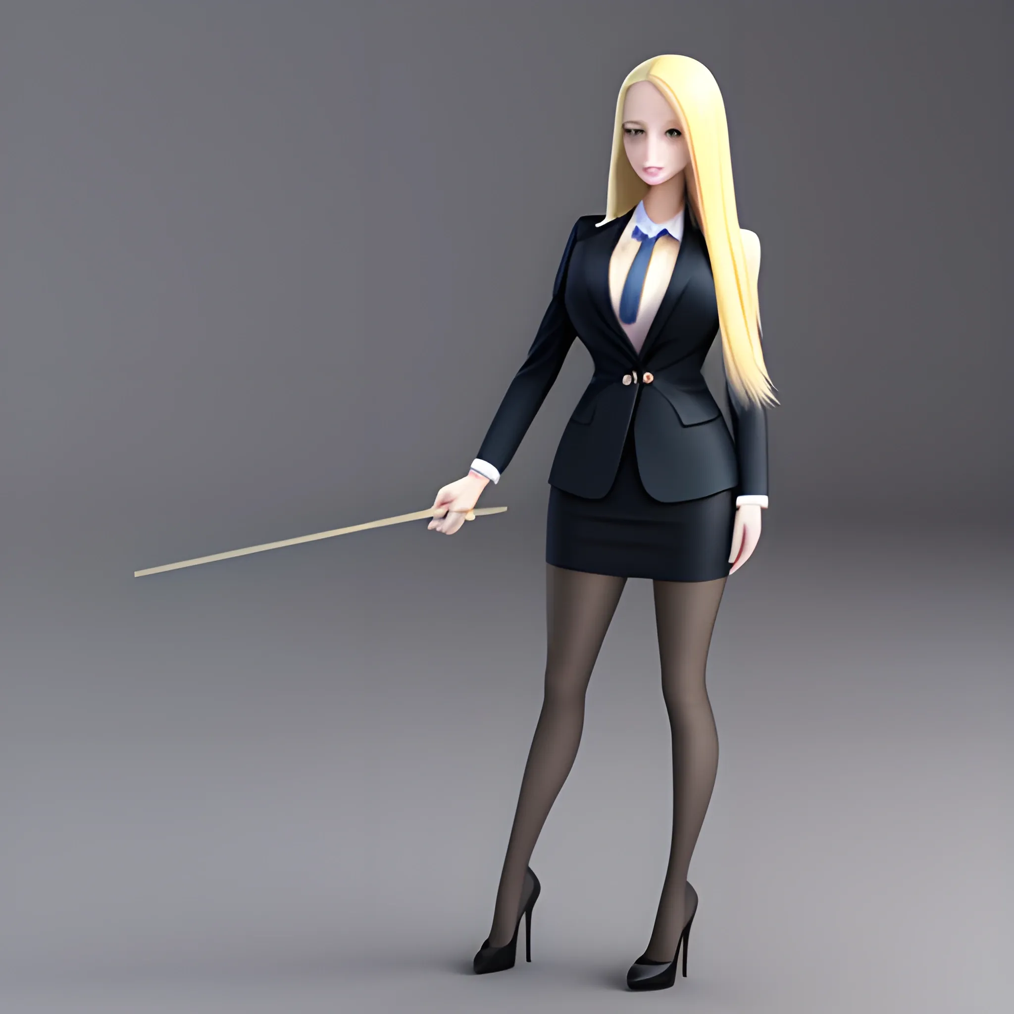 Blue eyes, very long and thick blonde hair, dramatic hourglass figure, five-foot five-inches tall, wearing high-heels, nice business suit, 3D