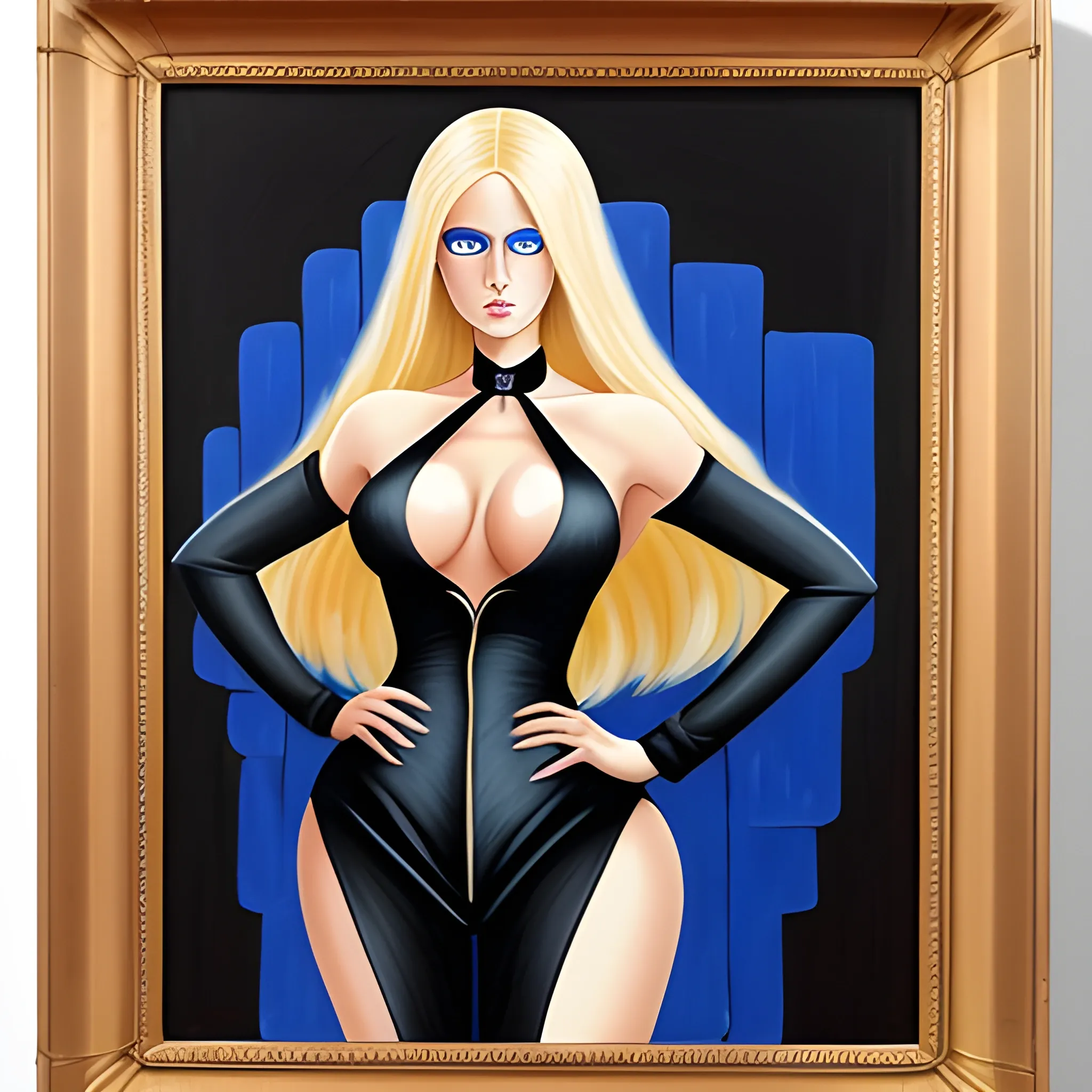 Blue eyes, very long and thick blonde hair, dramatic hourglass figure, five-foot five-inches tall, wearing high-heels, business suit, Oil Painting