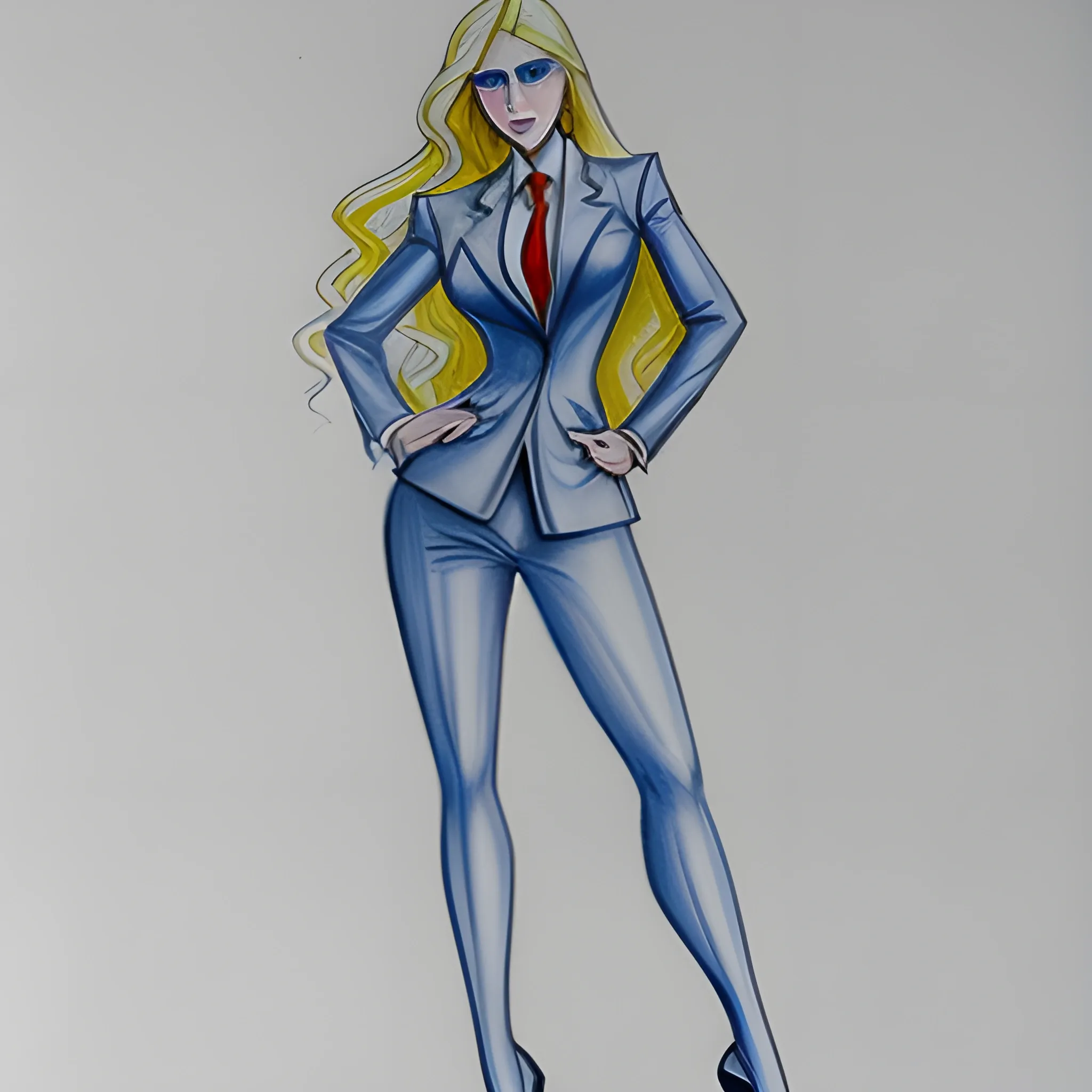 Blue eyes, very long and thick blonde hair, dramatic hourglass figure, five-foot five-inches tall, wearing high-heels, business suit, pencil sketch
