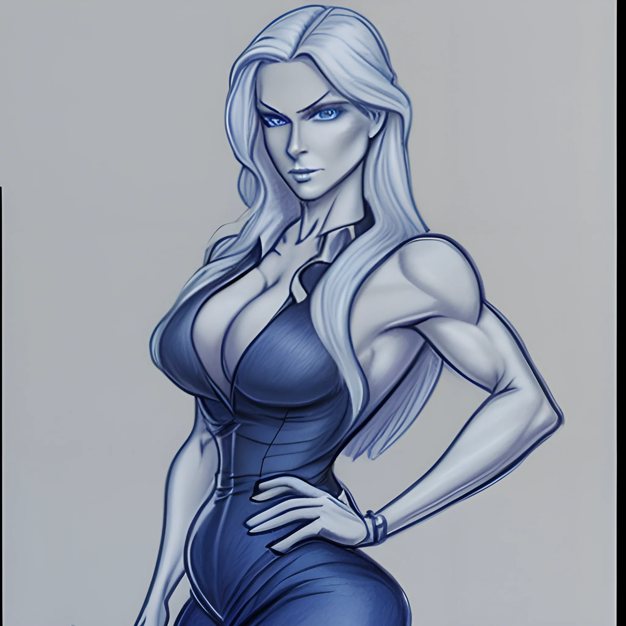 Blue eyes, slightly muscular, very long and thick blonde hair, dramatic hourglass figure, five-foot five-inches tall, wearing high-heels, business suit, pencil sketch
