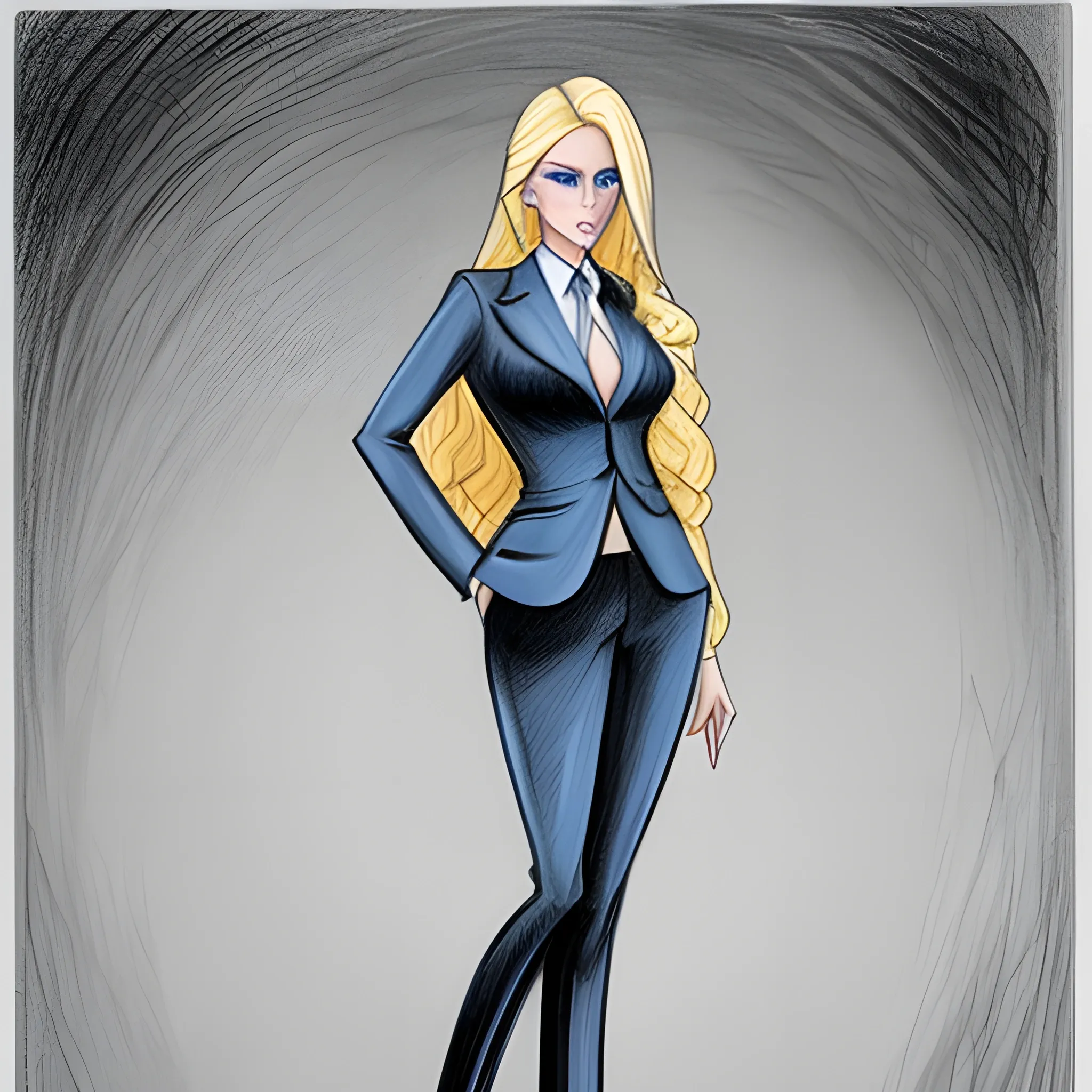 Blue eyes, soft curves, very long and thick blonde hair, dramatic hourglass figure, five-foot five-inches tall, wearing high-heels, business suit, pencil sketch
