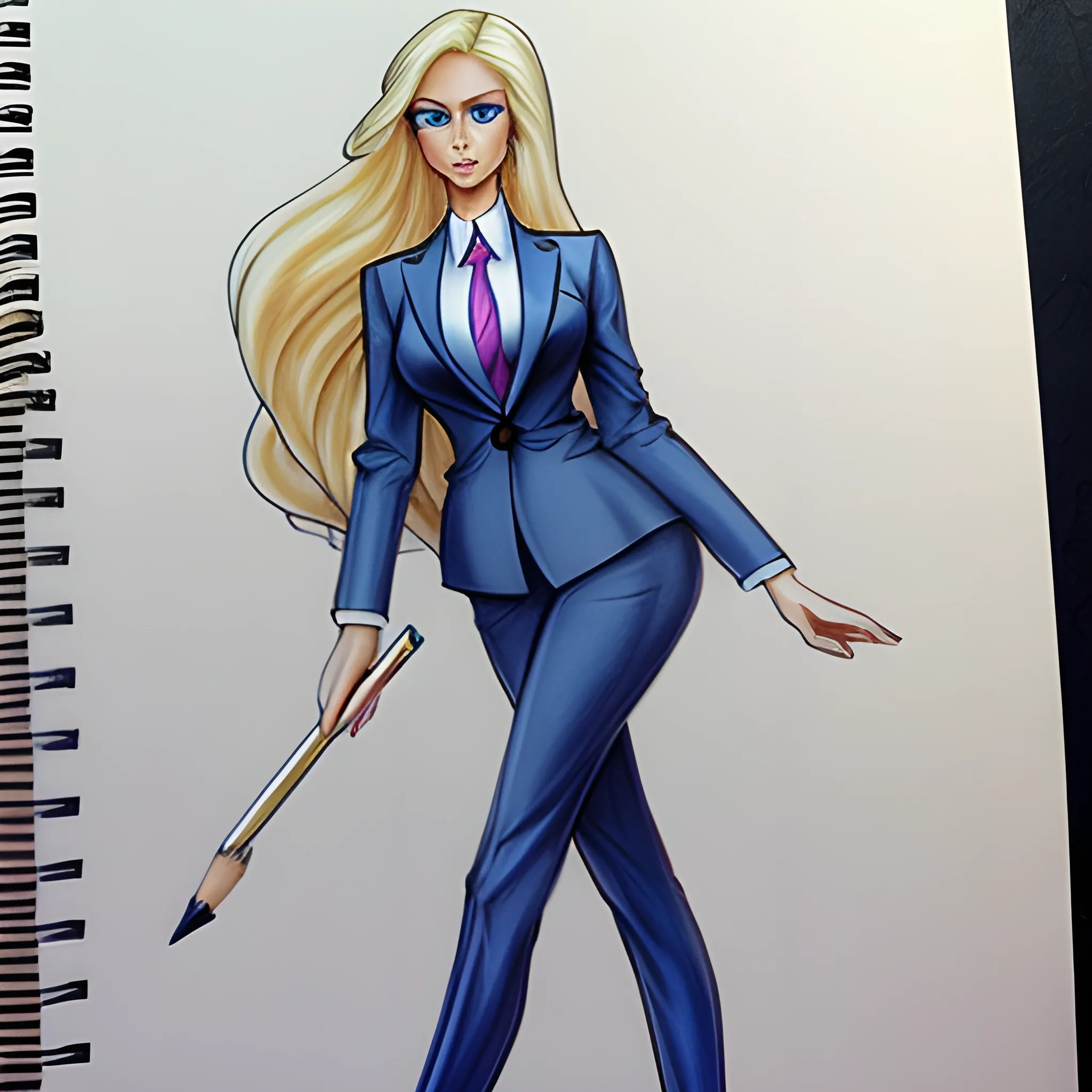 Blue eyes, soft curves, very long and thick blonde hair, dramatic hourglass figure, five-foot five-inches tall, wearing high-heels, business suit, pencil sketch, 3D