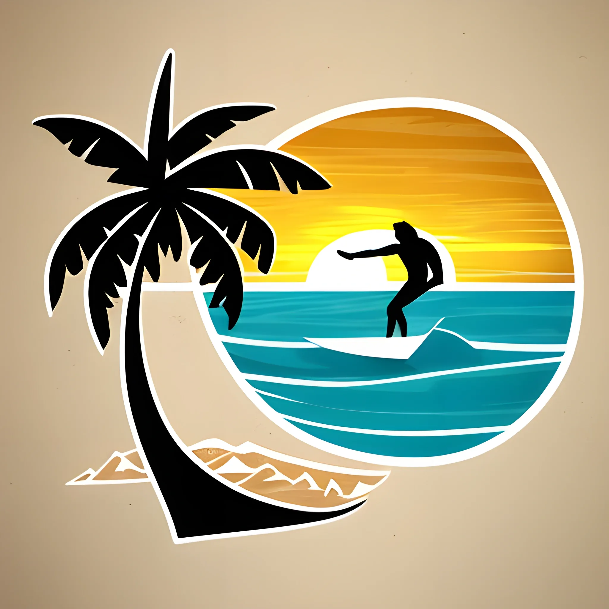 surfer logo with palm, sea and beach, Pencil Sketch, Cartoon