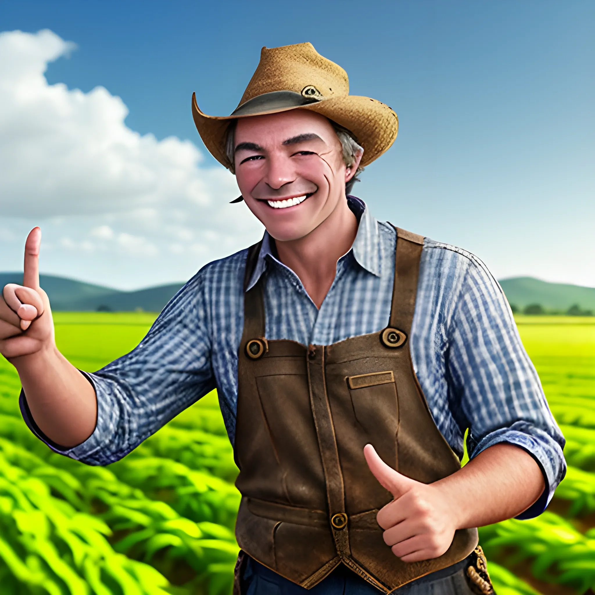 FANTASY, STABLE DIFFUSIÓN OF FARMER WINKING EYE SMILING AND POINTING WITH HIS FINGER