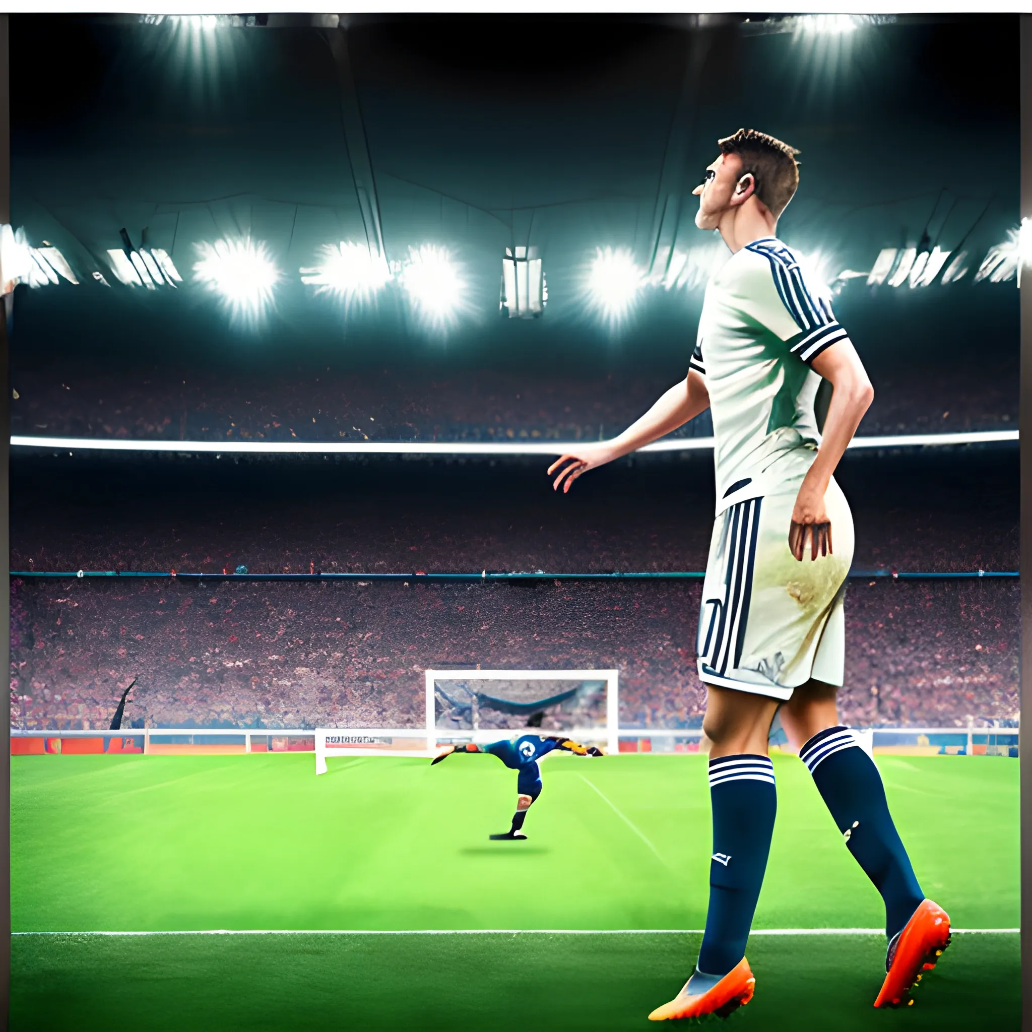 Hyperrealistic poster of a soccer player in the stadium making a prestigious play, side view, wide angle, professional camera, 8k, high definition, banksy style