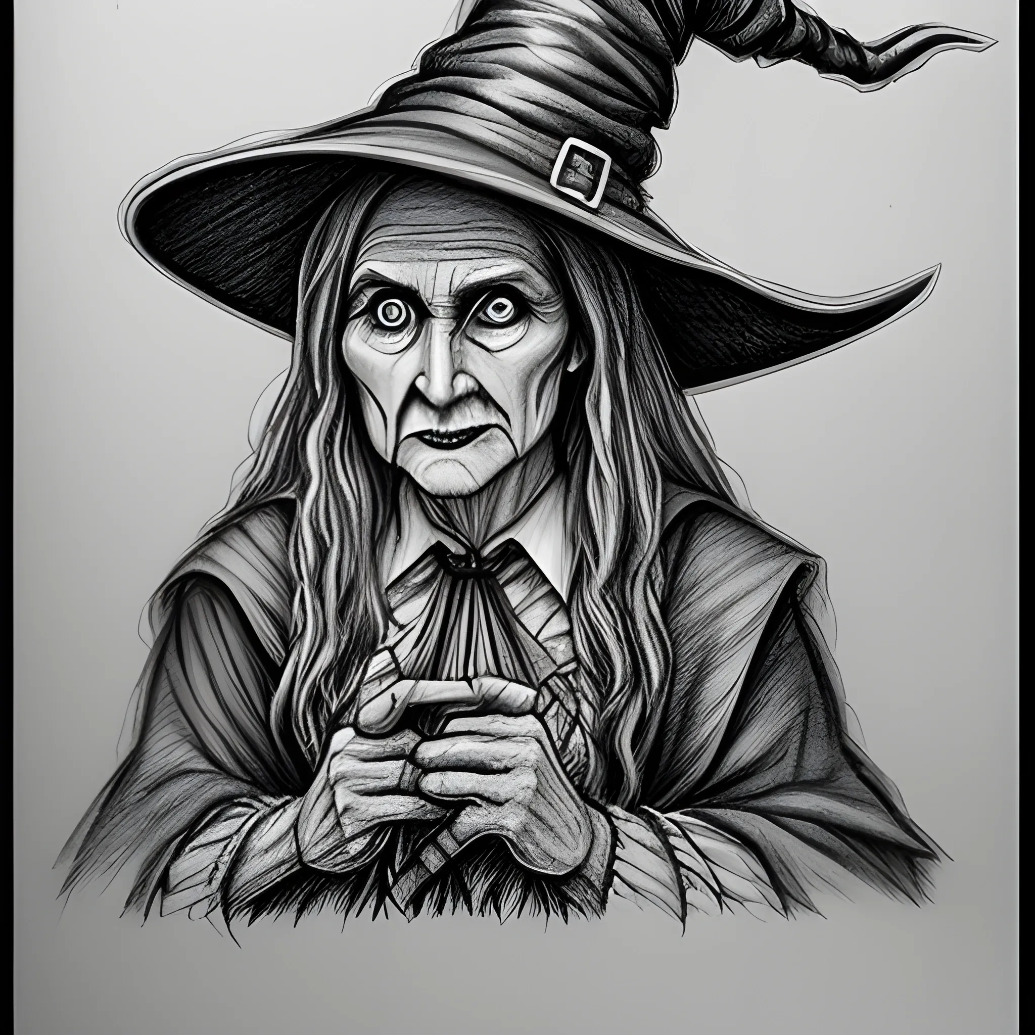witch holdying a sign saying 
\texttt{Apoploe vesrreaitais} , Pencil Sketch